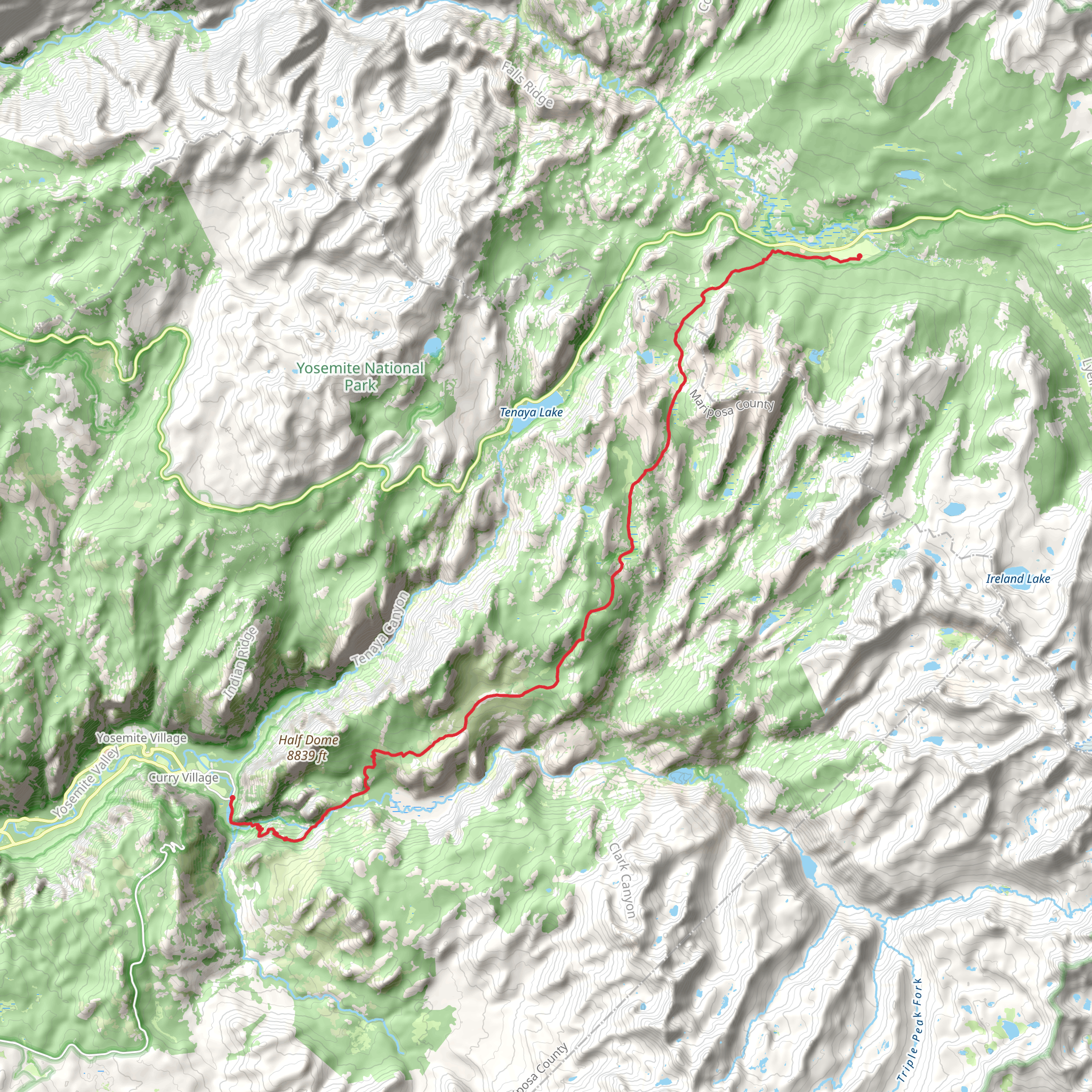 Curry Village to Tuolumne Meadows via John Muir Trail mobile static map