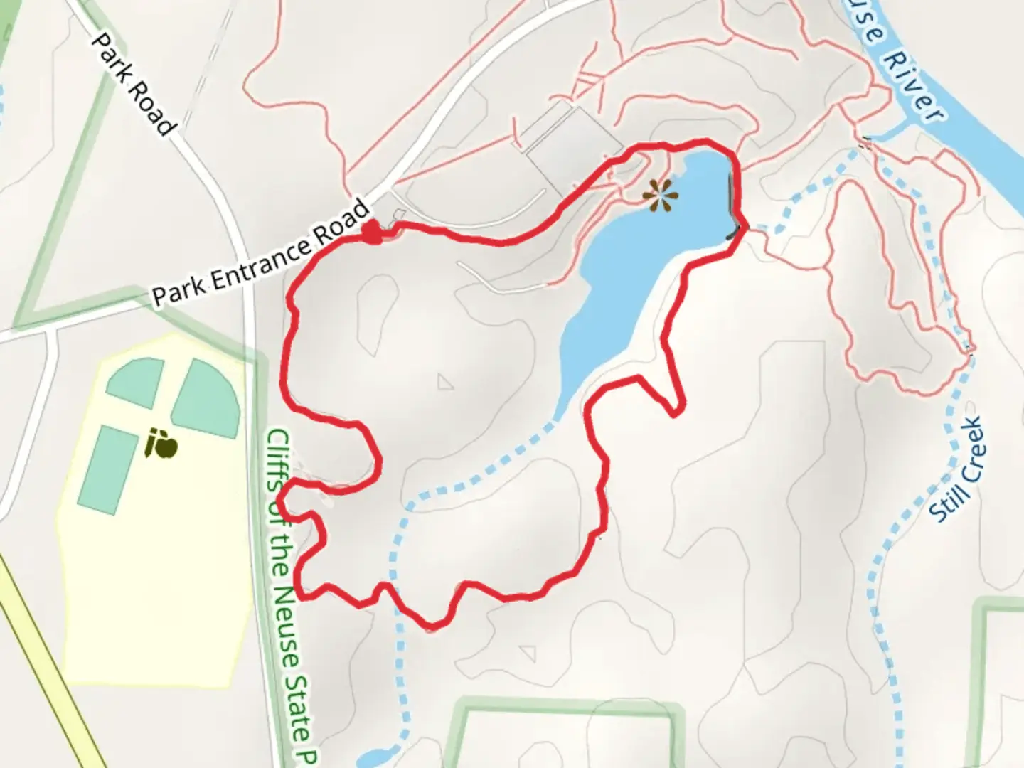 An image depicting the trail Cliffs of the Neuse State Park Loop and its surrounding area.