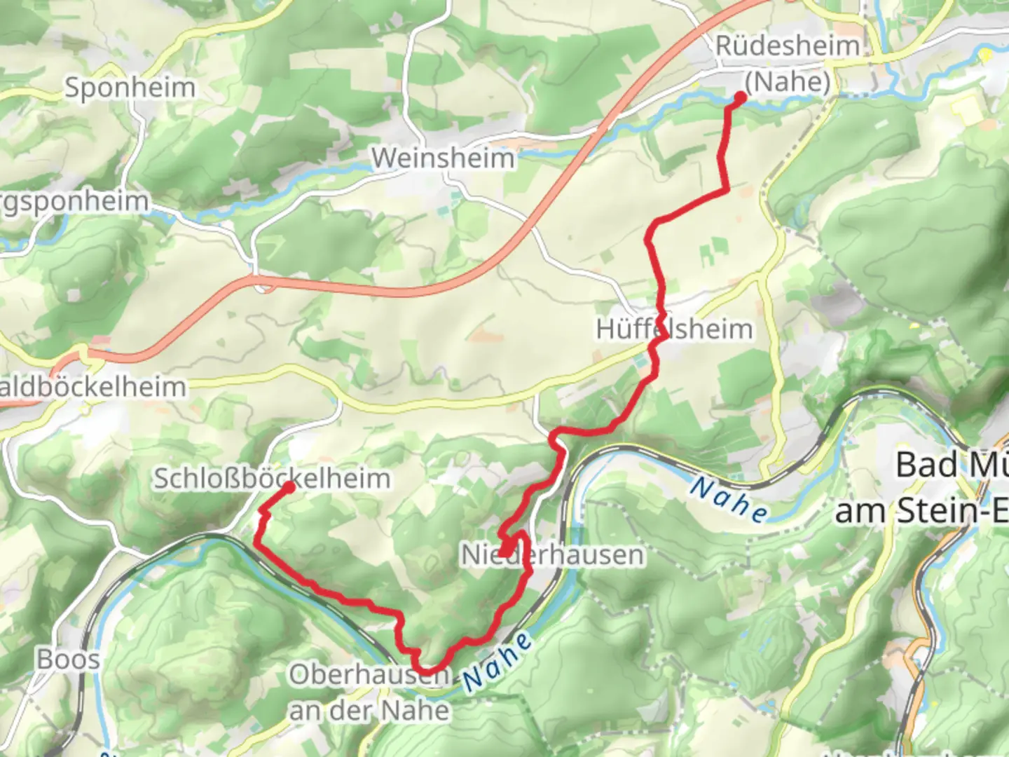 An image depicting the trail Ruedesheim - Schlossboeckelheim and its surrounding area.