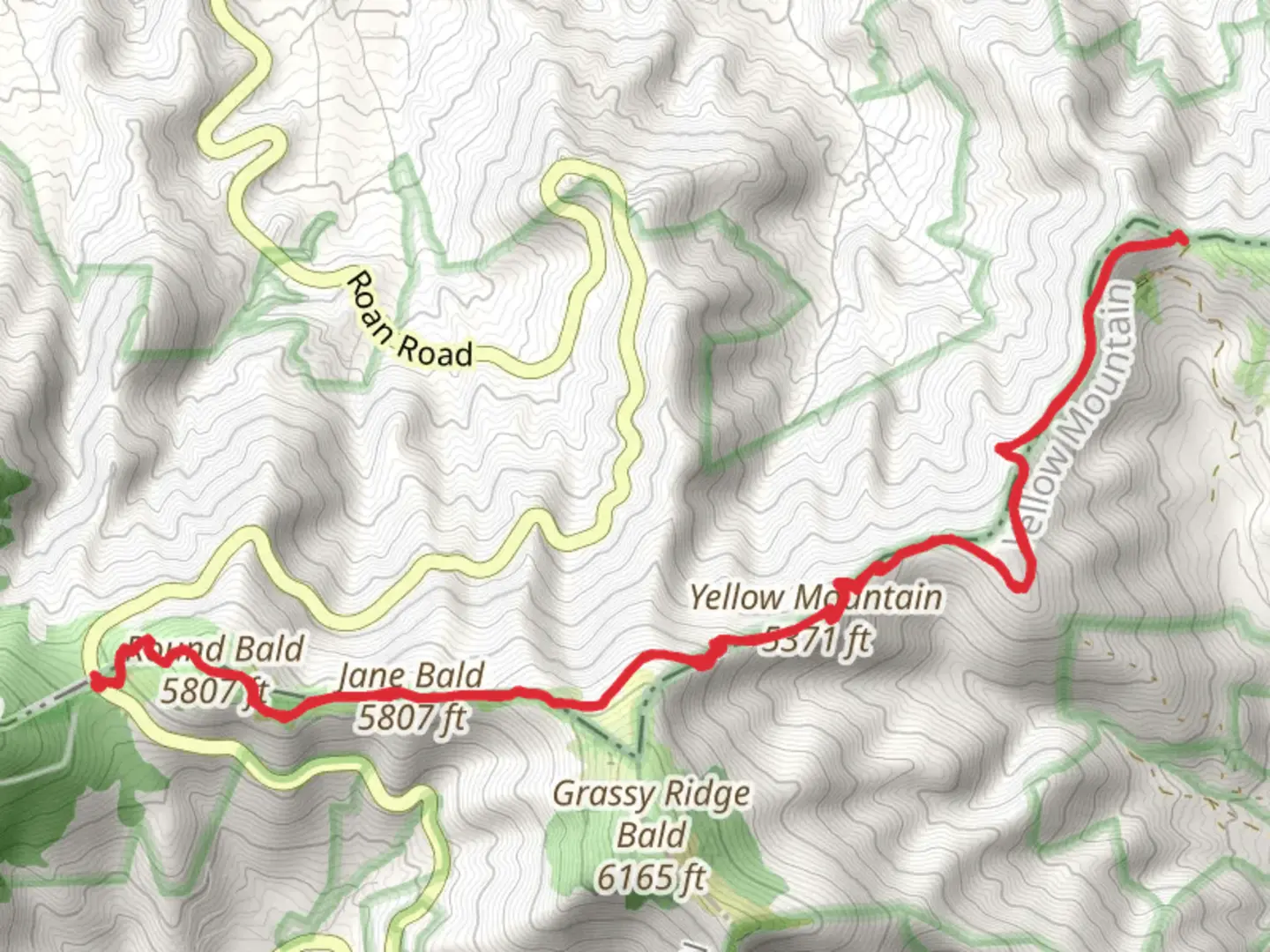 An image depicting the trail Round Bald, Jane Bald and Yellow Mountain and its surrounding area.