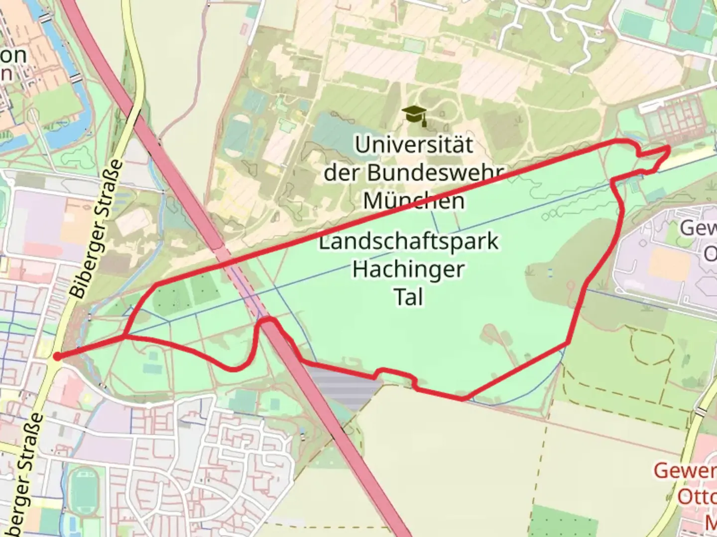 An image depicting the trail Landschaftspark Hachinger Tal Loop and its surrounding area.