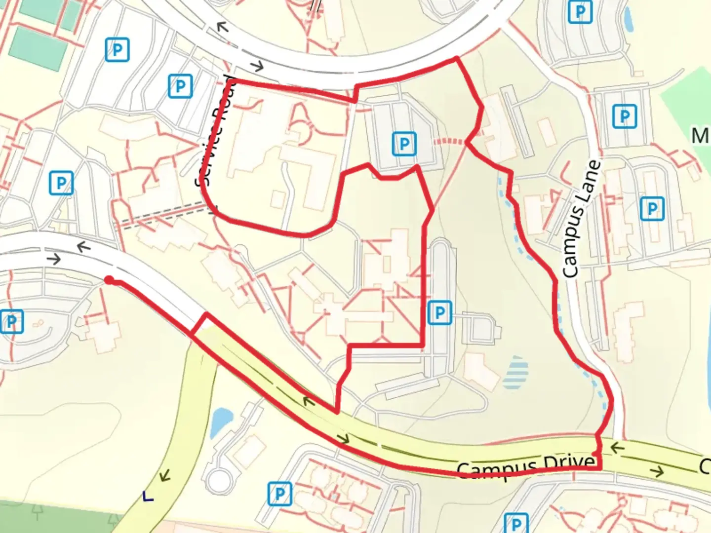 An image depicting the trail Campus Drive Loop - North and its surrounding area.