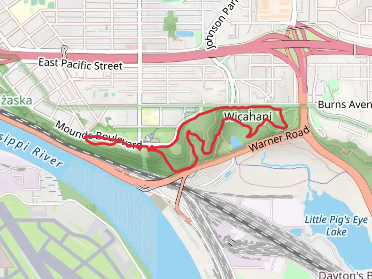 An image depicting the trail Indian Mounds Regional Park Loop and its surrounding area.