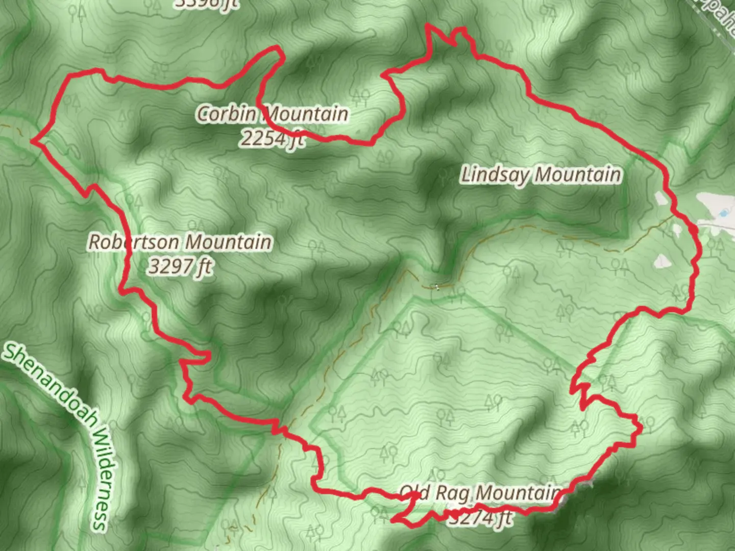 An image depicting the trail Ridge, Old Rag Mountain and Corbin Mountain Loop Trail and its surrounding area.