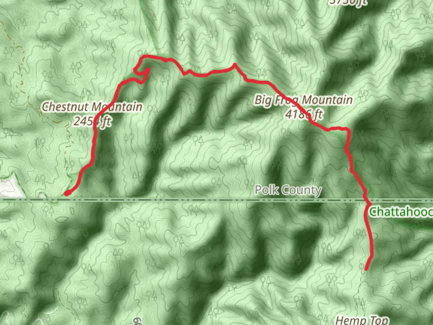 An image depicting the trail Chestnut Mountain and Big Frog Mountain via Hemp Top and its surrounding area.