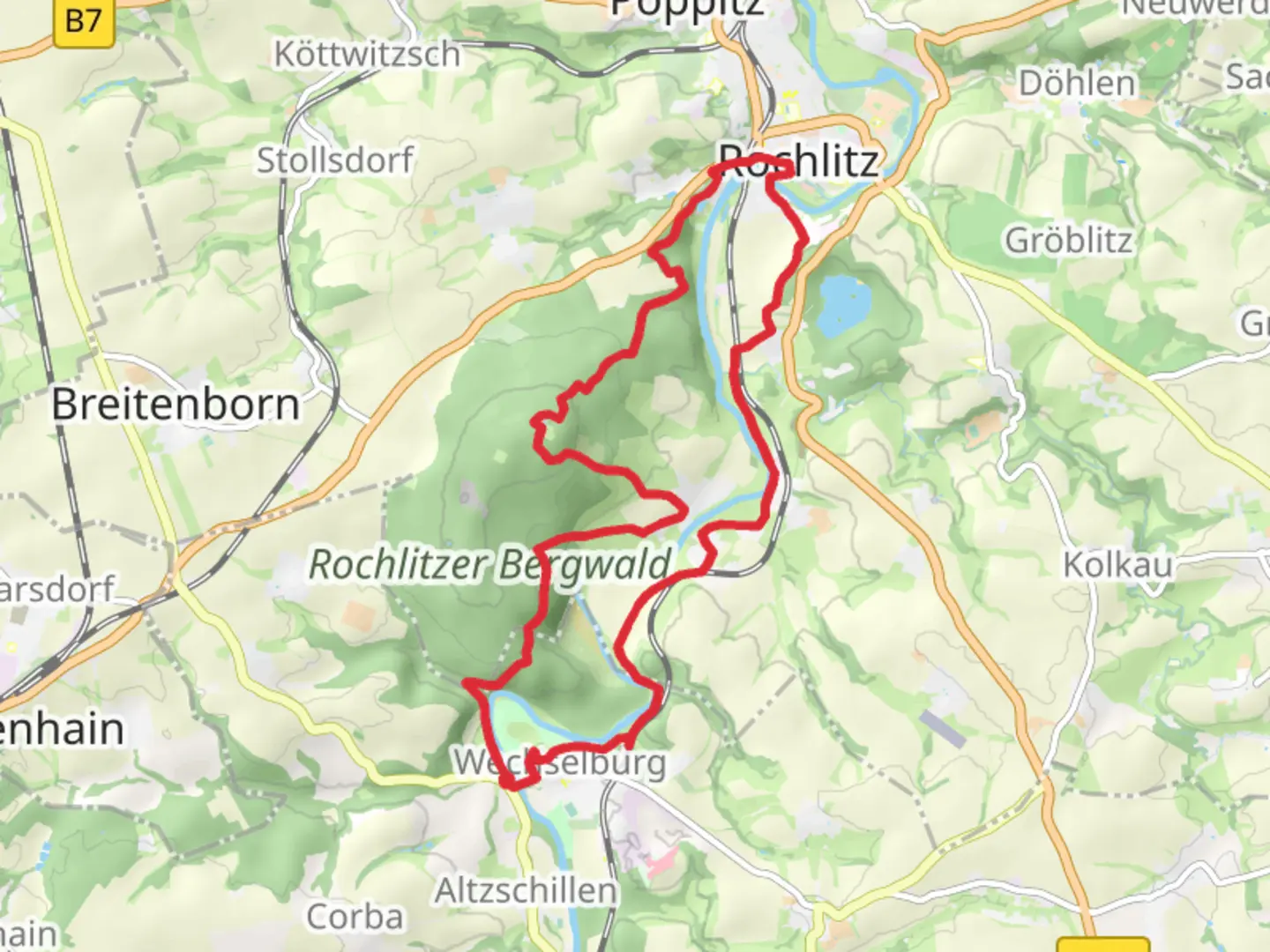 An image depicting the trail Wechselburg and Rochlitz Loop and its surrounding area.