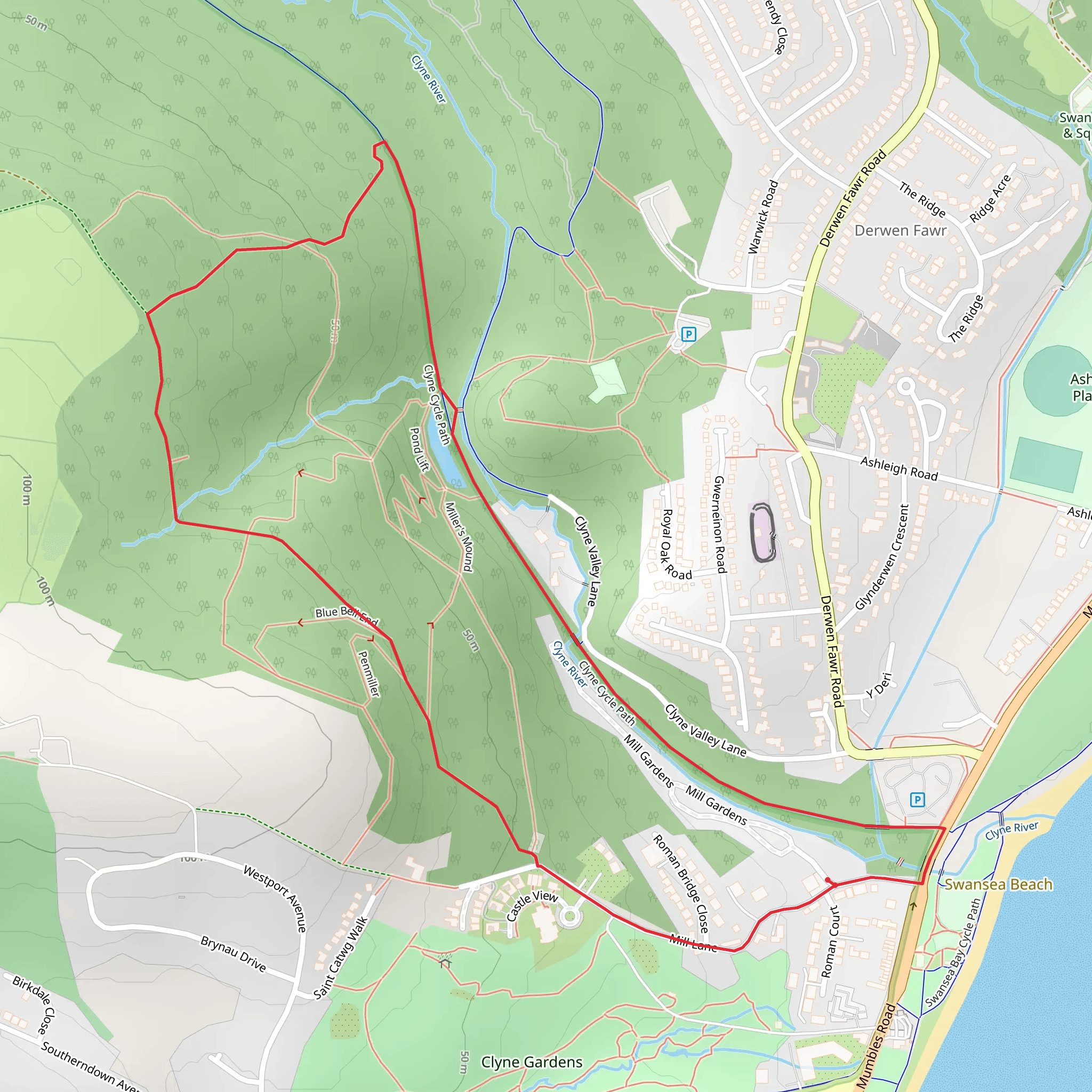 Clyne Valley Country Park Loop mobile static map