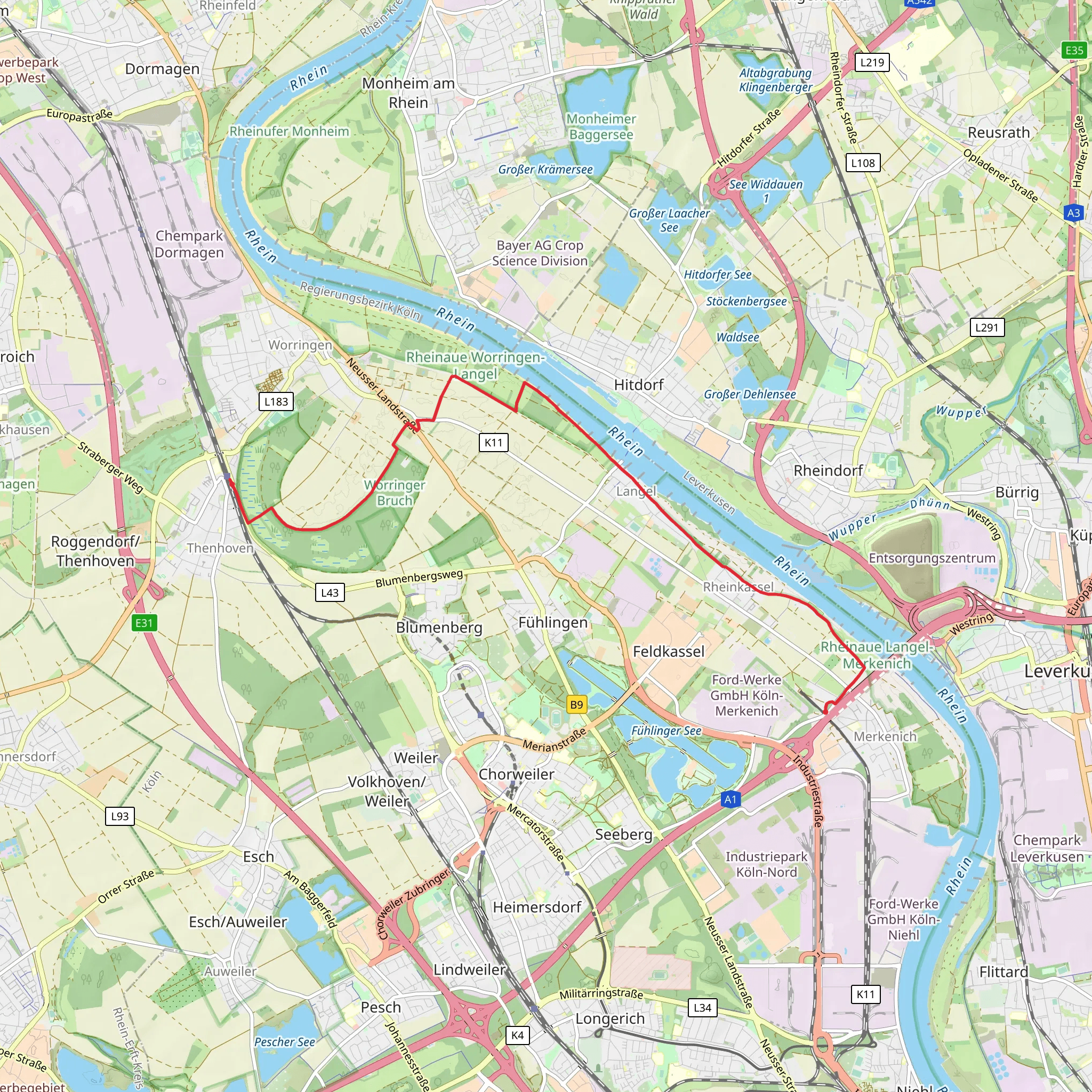 Thenhoven to Merkenich via Senfweg and Kasselberger Weg mobile static map