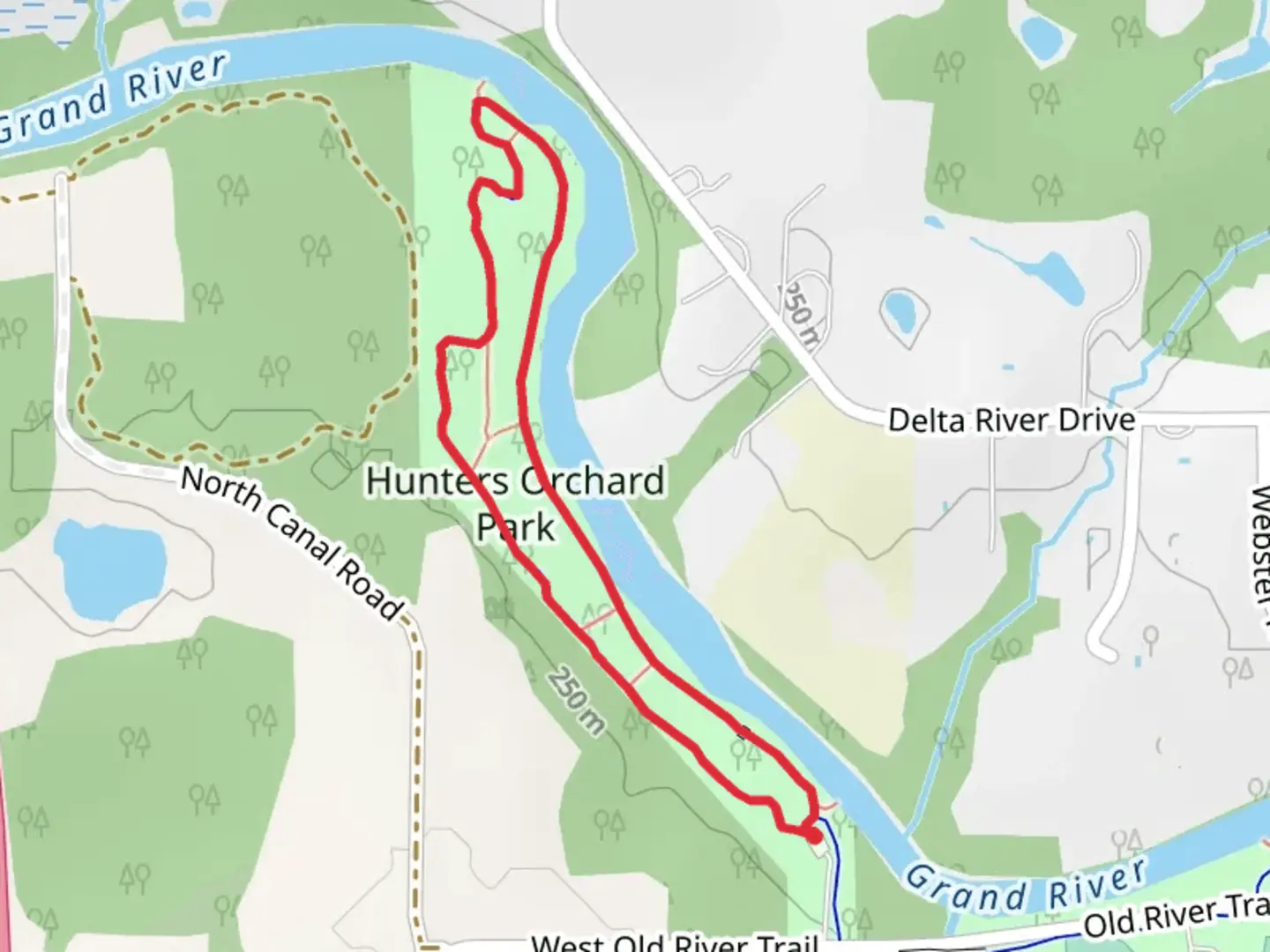 An image depicting the trail Hunters Orchard Park Loop and its surrounding area.