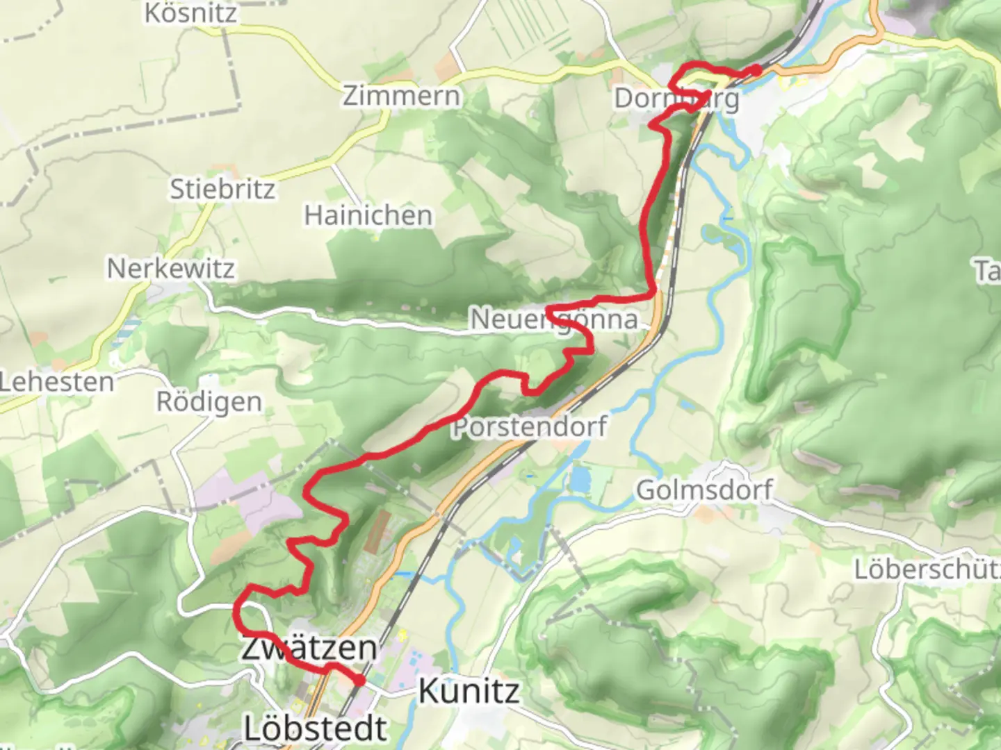 An image depicting the trail Dorndorf to Jena Zwätzen Walk and its surrounding area.