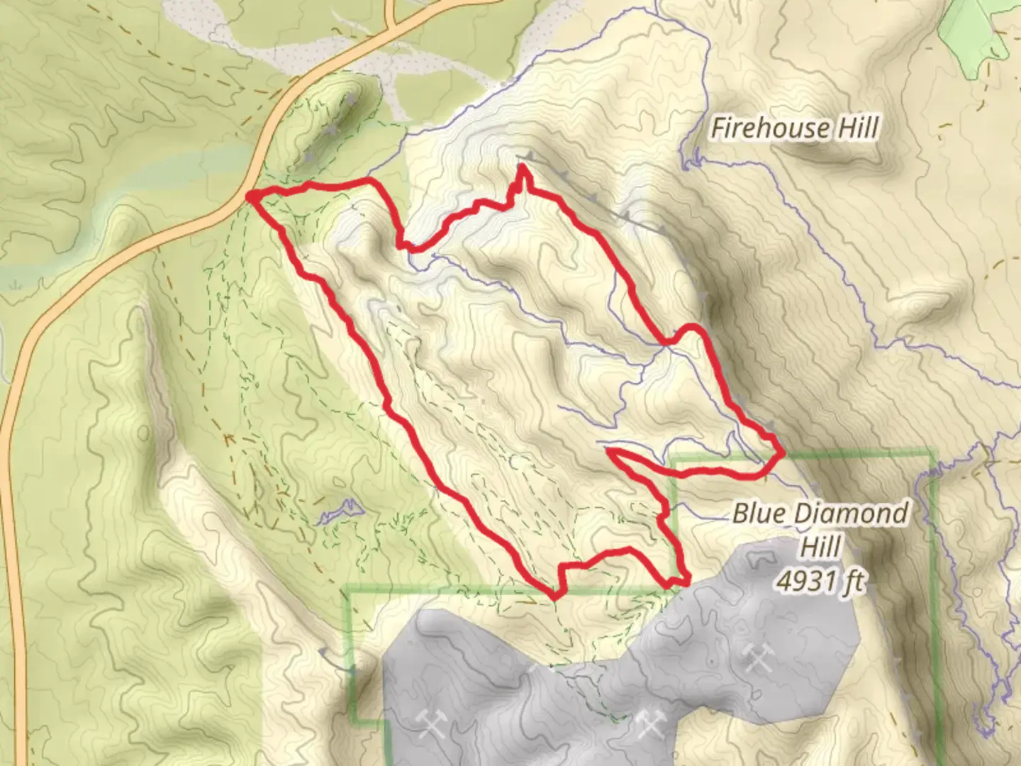 An image depicting the trail Rock Garden and Bomb Voyage Loop and its surrounding area.