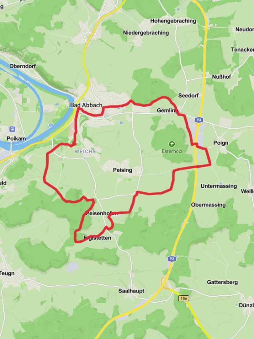 An image depicting the trail Bad Abbach and Katzstein Loop and its surrounding area.