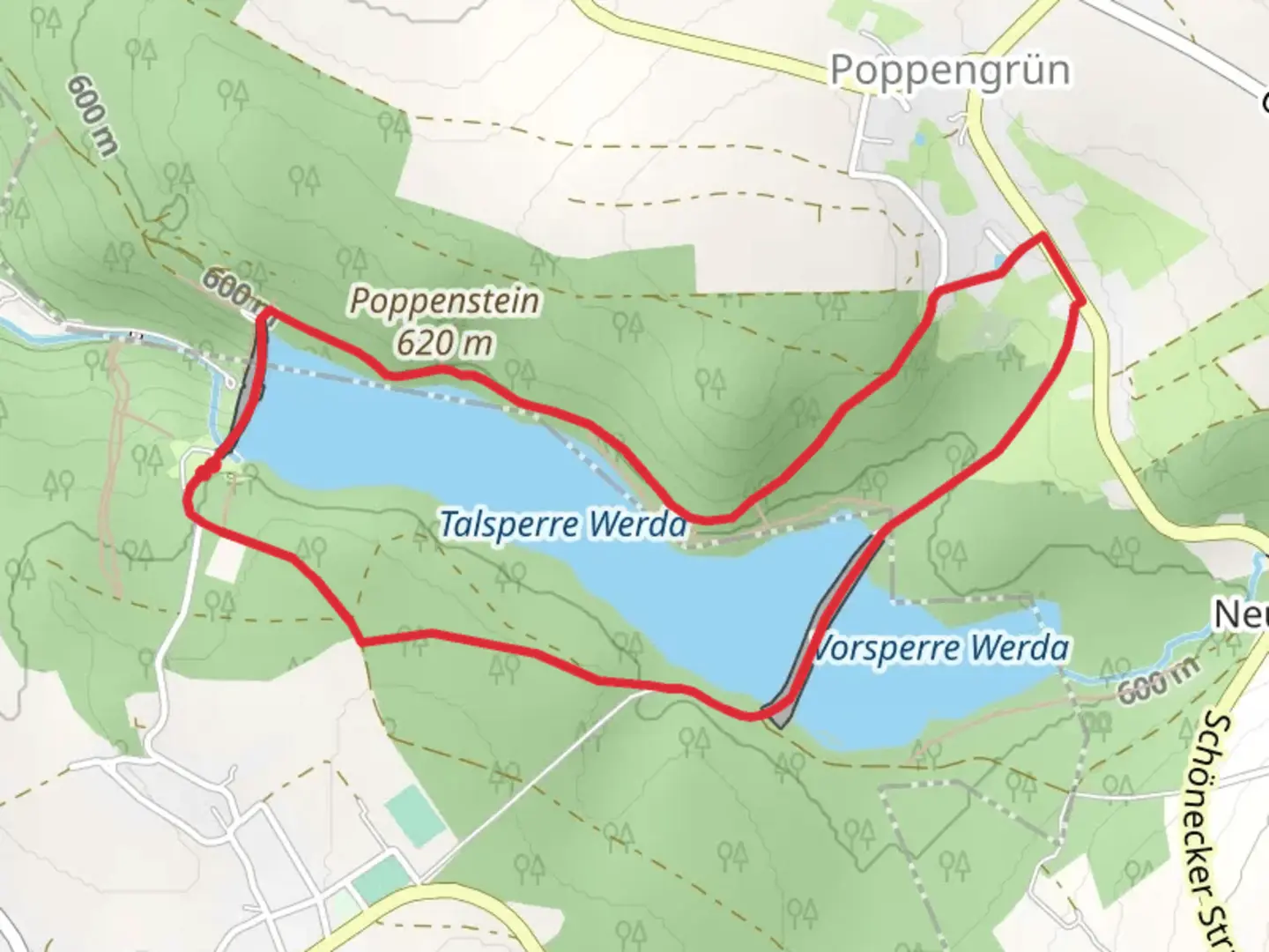 An image depicting the trail Talsperre Werda and Poppenstein Loop and its surrounding area.