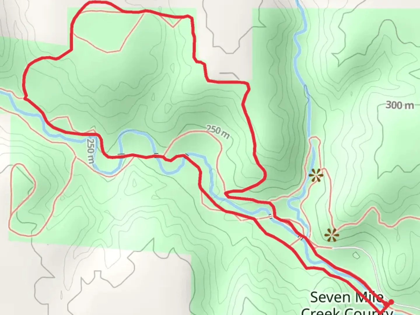 An image depicting the trail Seven Mile Creek County Park Loop and its surrounding area.