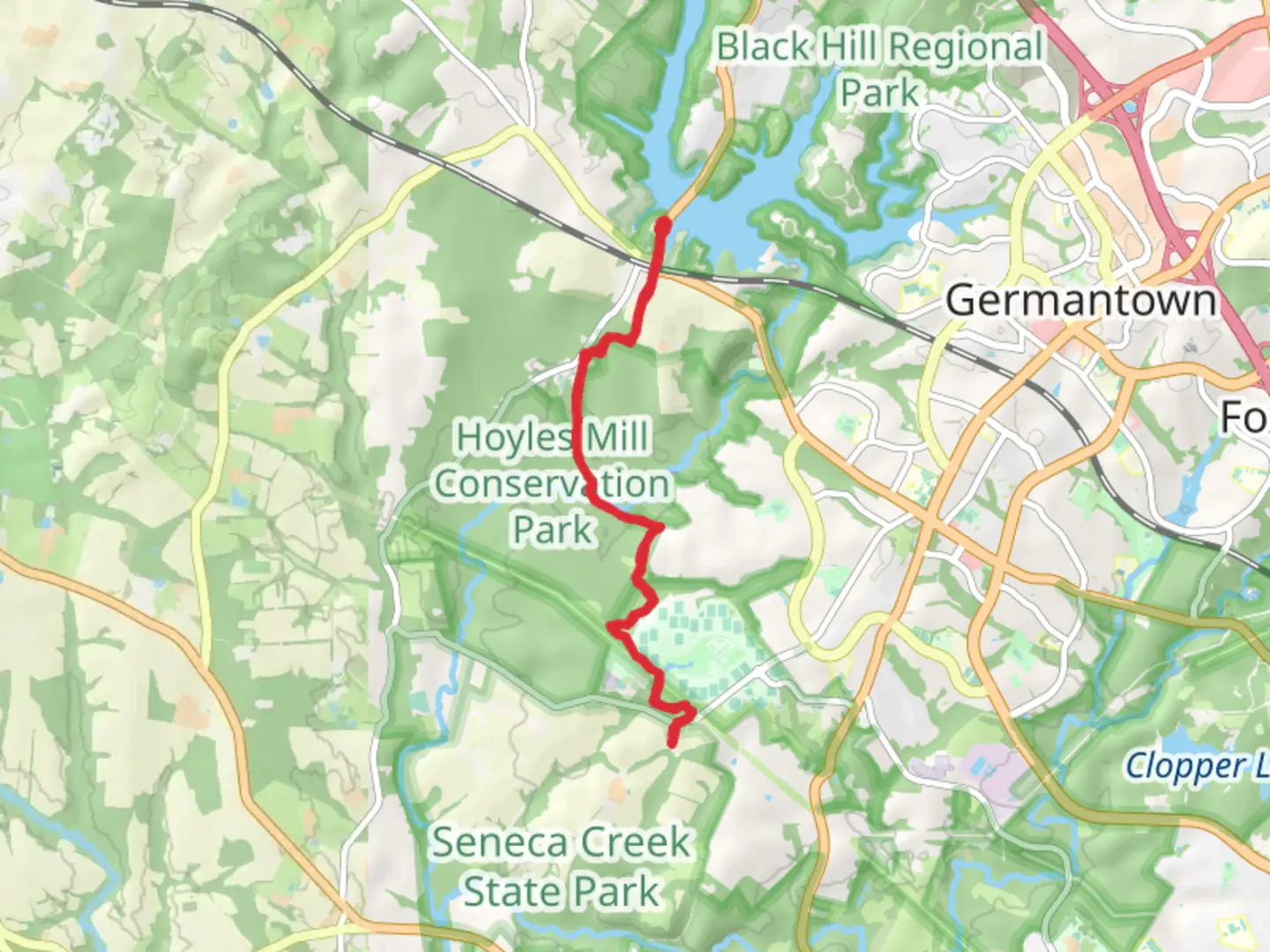 An image depicting the trail Hoyles Mill Trail - Little Seneca Lake and its surrounding area.