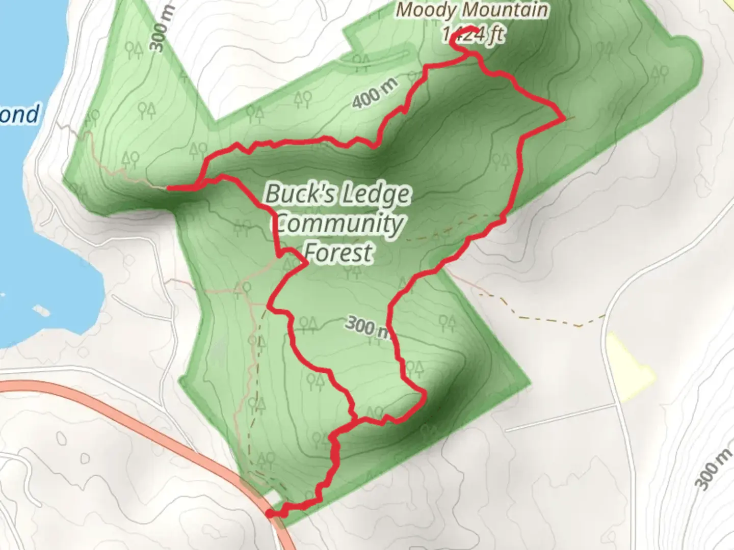 An image depicting the trail Moody Mountain Loop from Main Street and its surrounding area.