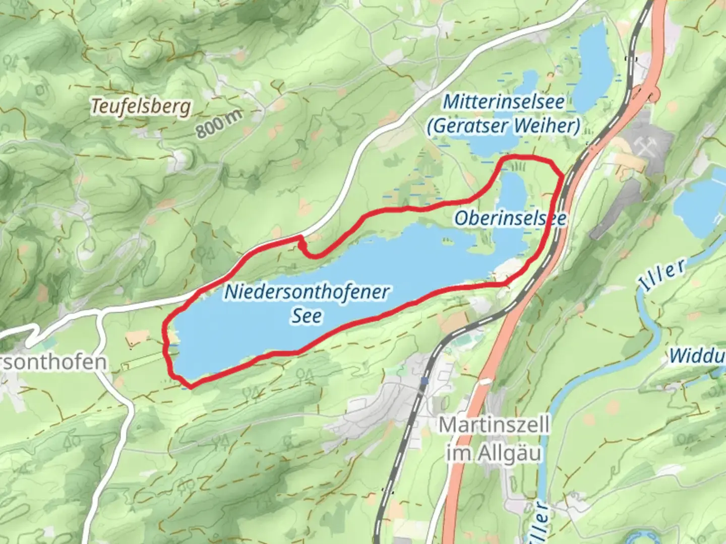 An image depicting the trail Niedersonthofener See via See Rundweg and its surrounding area.