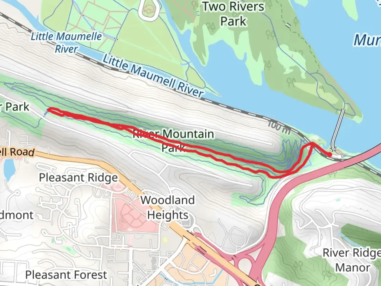 An image depicting the trail Main Current and River Mountain Park Trail and its surrounding area.