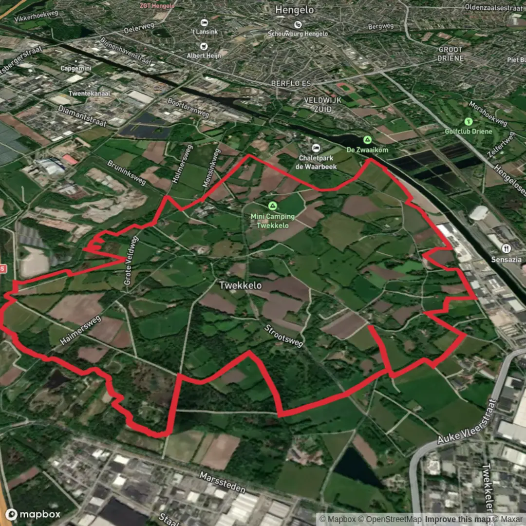An image depicting the trail Rondje Hengelo and Twente Twekkelo Loop and its surrounding area.