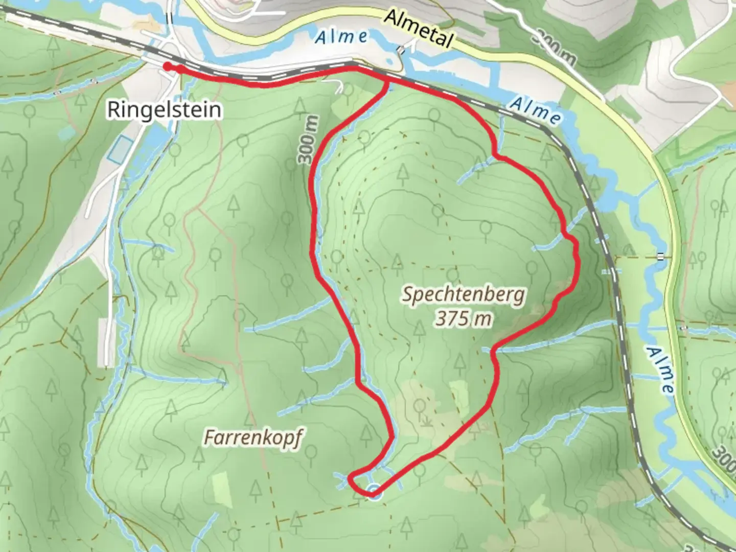 An image depicting the trail Spechtenberg Loop and its surrounding area.