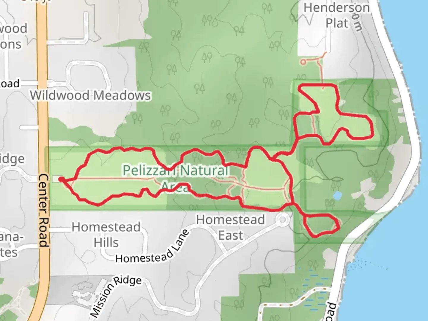 An image depicting the trail Pelizzari Natural Area Loop and its surrounding area.