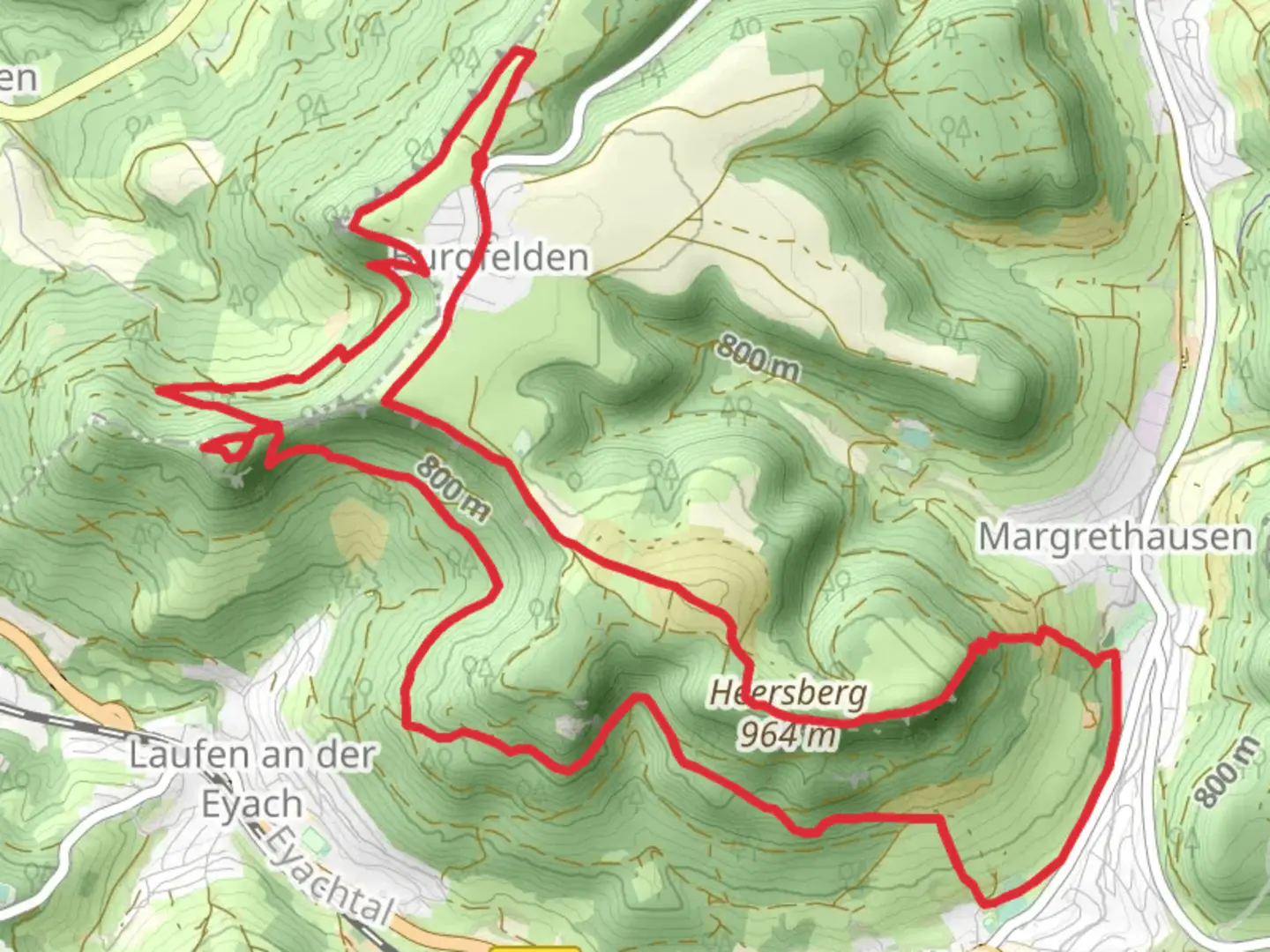 An image depicting the trail Burgfelden Loop via Heersberg and Schalksburg and its surrounding area.