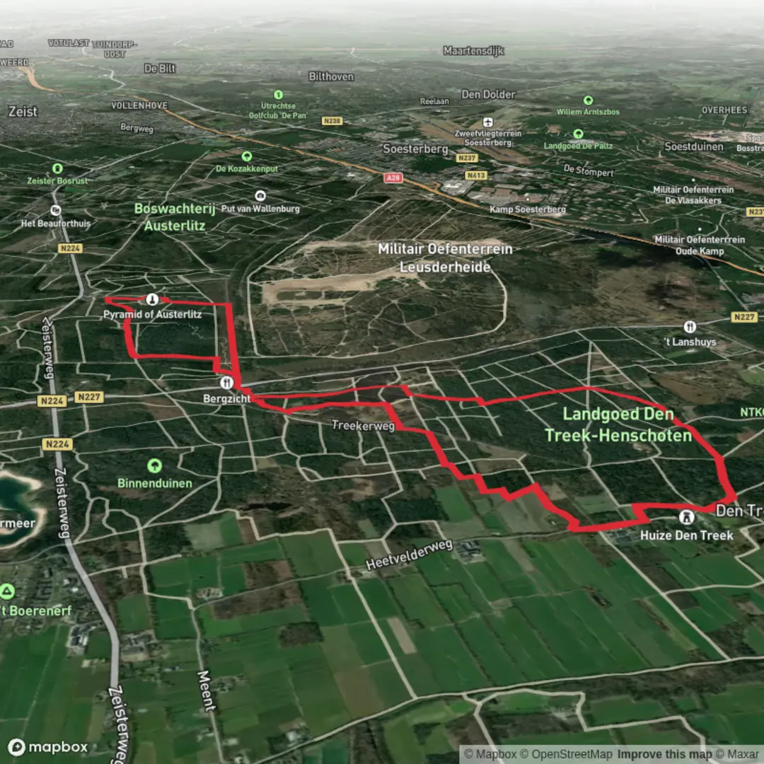 An image depicting the trail Pyramide van Austerlitz and Treekerpunk via Oude Utrechtse Weg and its surrounding area.