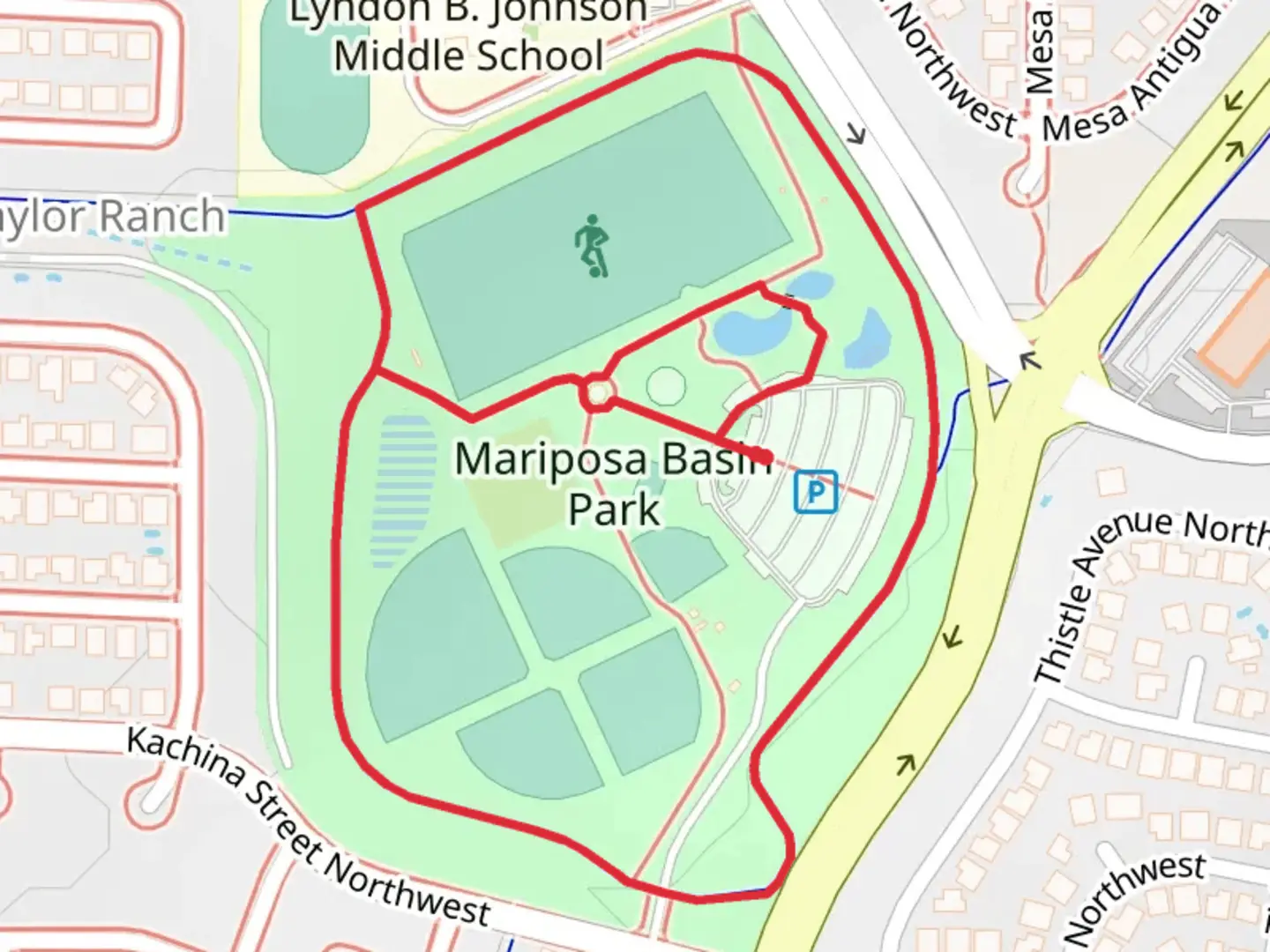 An image depicting the trail Mariposa Basin Park Loop and its surrounding area.