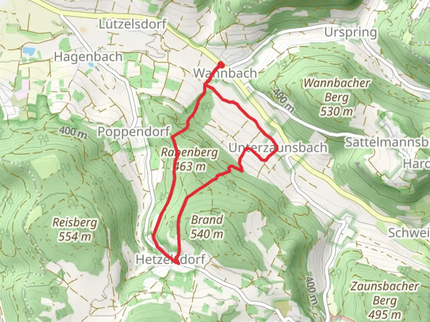An image depicting the trail Wannbach Hetzelsdorf and Muggendorf Kirchehrenbach Loop and its surrounding area.