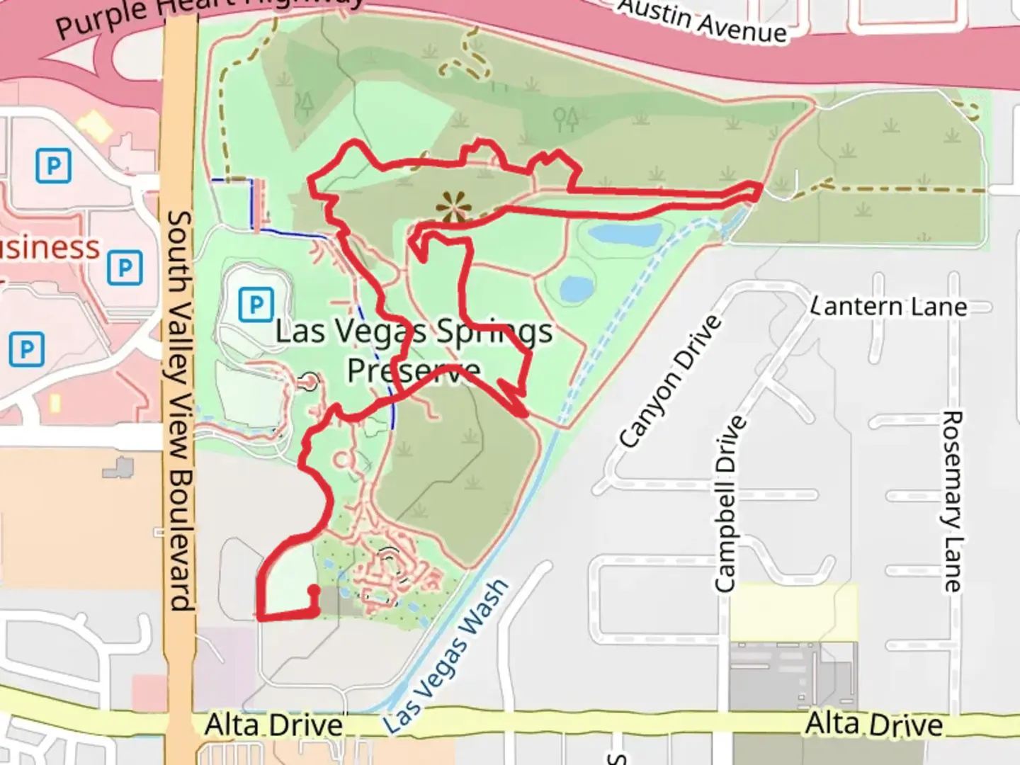 An image depicting the trail Las Vegas Springs Preserve Loop and its surrounding area.