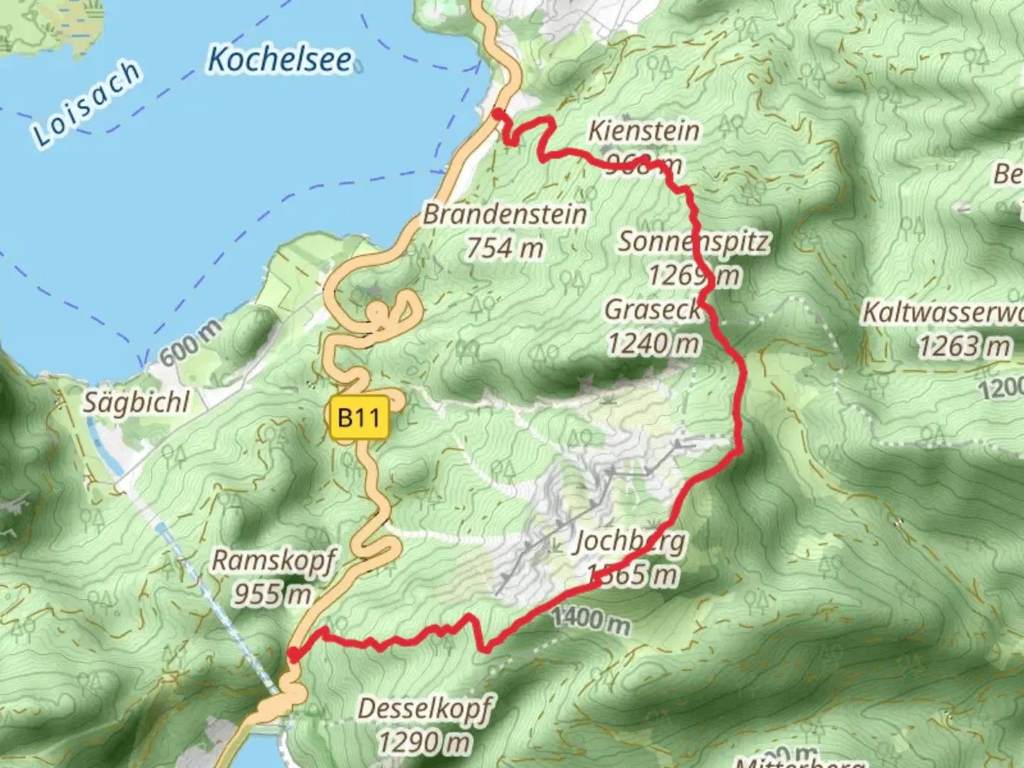 An image depicting the trail Urfeld to Dorst via Jochberg and Sonnenspiltz and its surrounding area.