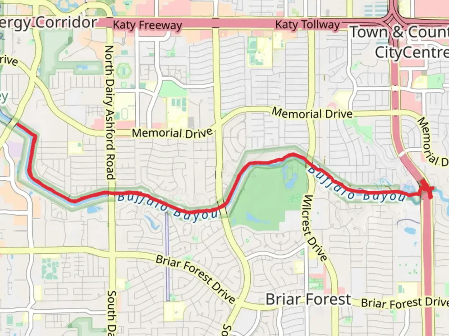 An image depicting the trail Buffalo Bayou via Quail Trail and its surrounding area.
