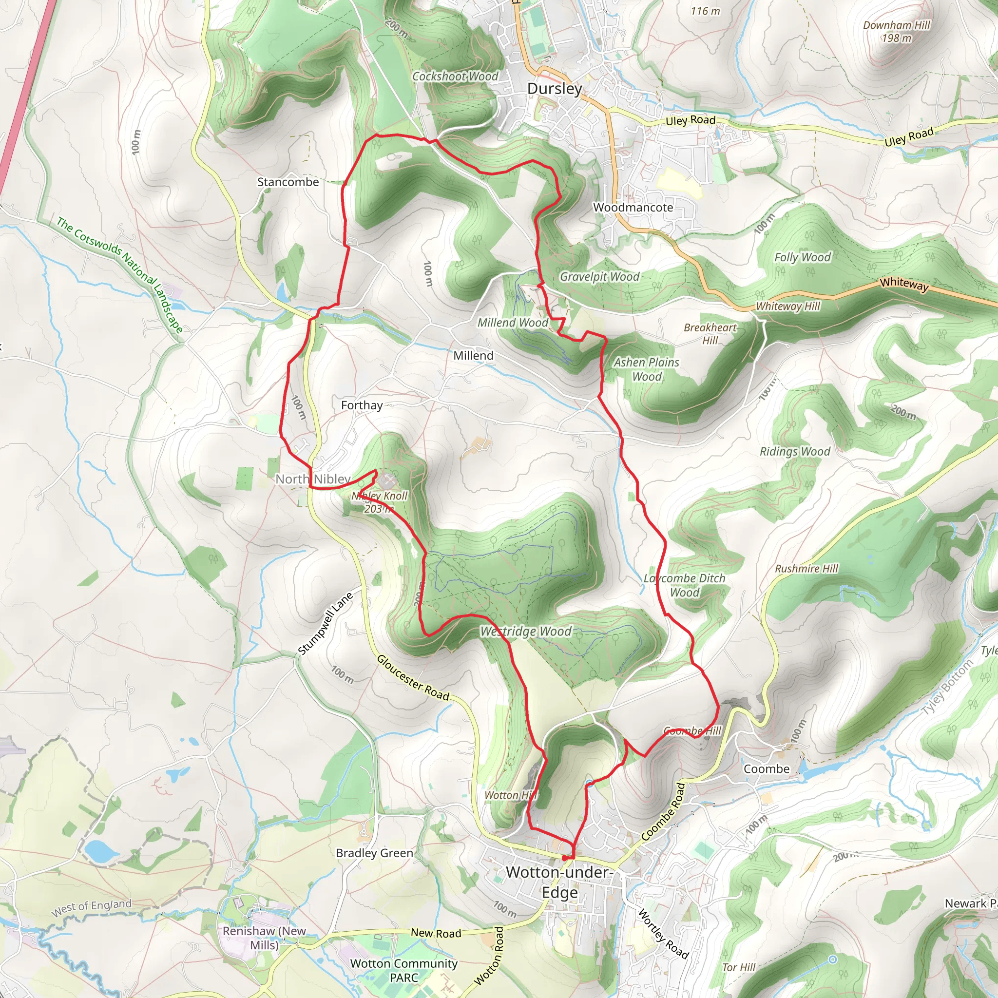 Westridge Wood and Hermitage Wood from Wotton-under-Edge mobile static map