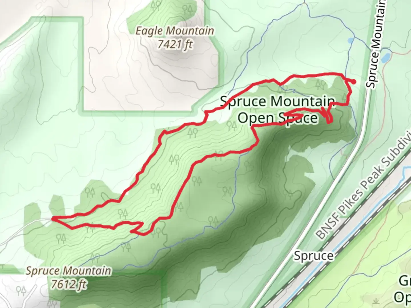 An image depicting the trail Spruce Mountain Open Space and its surrounding area.