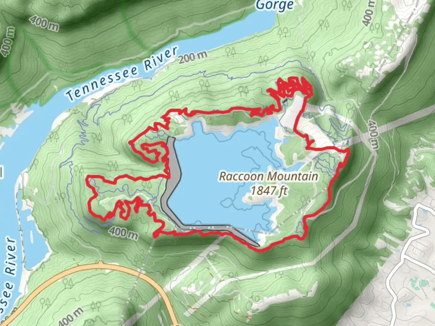 An image depicting the trail Raccoon Mountain Pumped Station Reserve Loop and its surrounding area.
