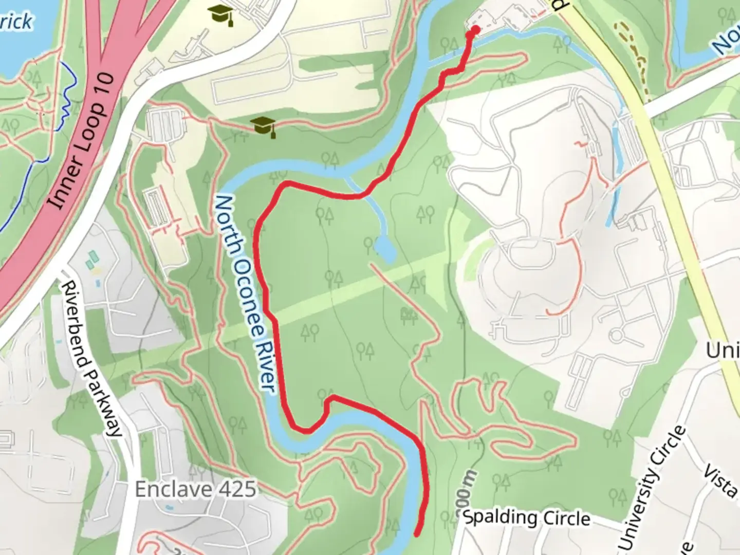 An image depicting the trail North Oconee River Shore Walk from College Station Road and its surrounding area.