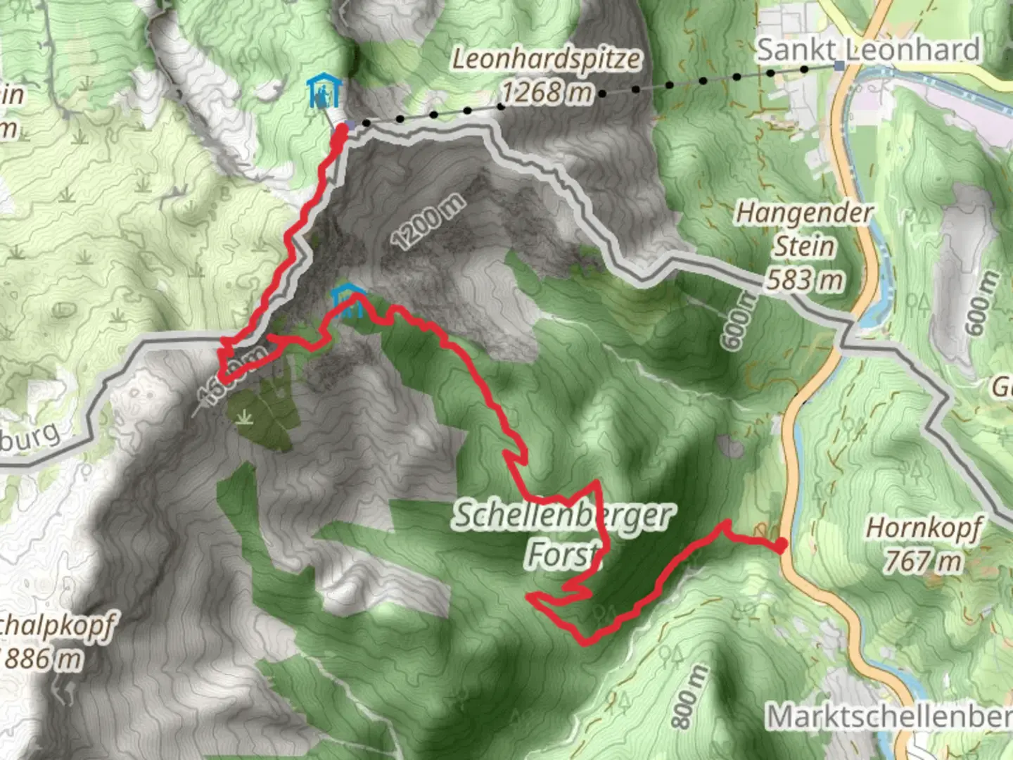 An image depicting the trail Schellenberger Eishoehe, Großer Heubergkopf and Geiereck and its surrounding area.