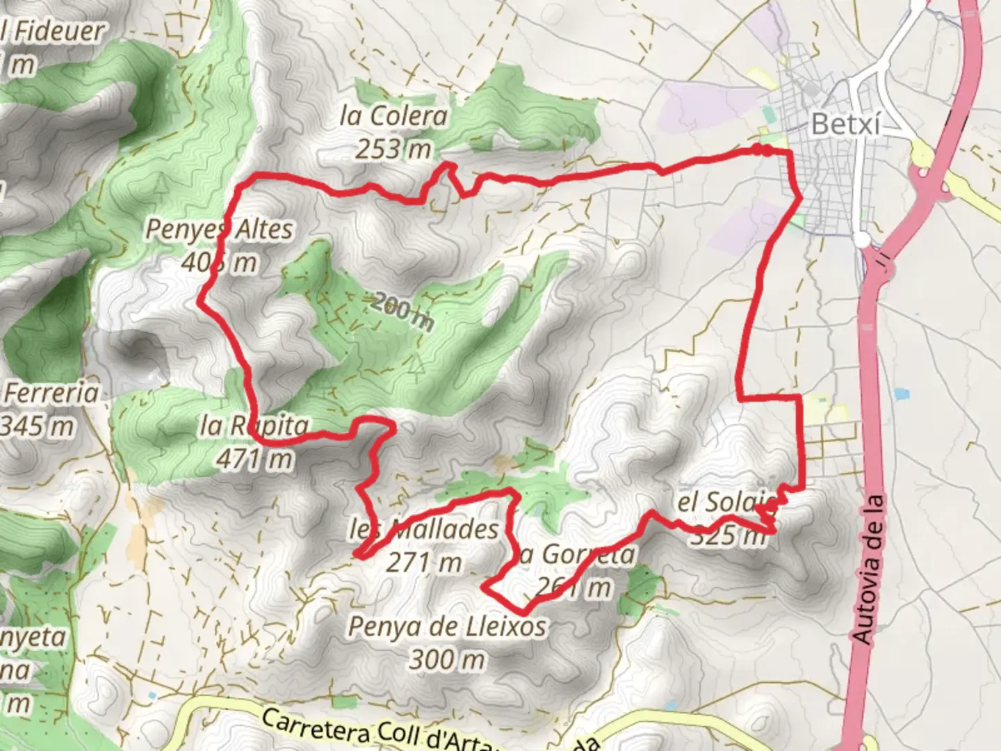An image depicting the trail Betxi - La Mina - Penyes Altes - Solaig - Betxi PR CV 428 and its surrounding area.