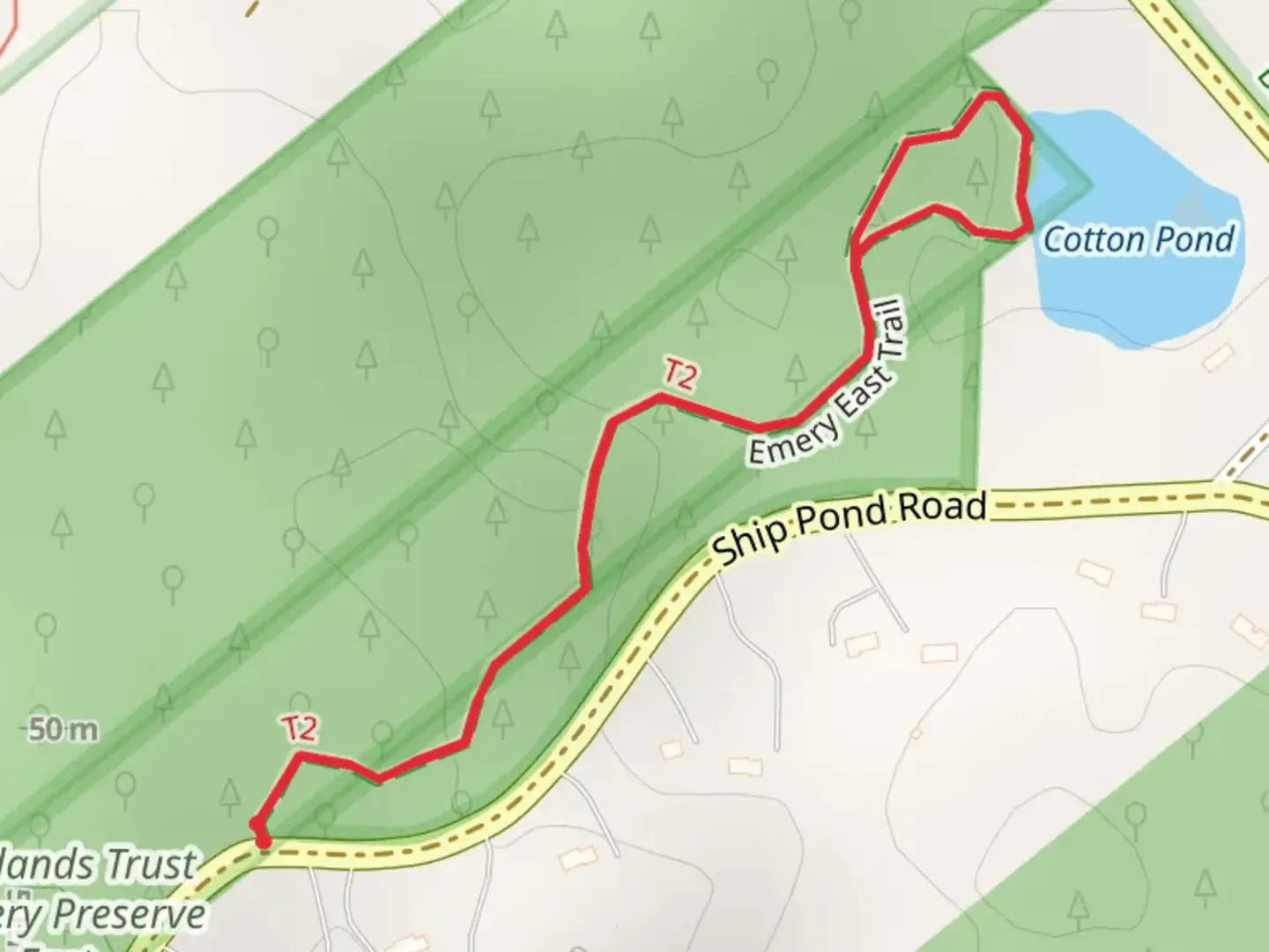 An image depicting the trail Cottage Pond via Emery East Trail and its surrounding area.