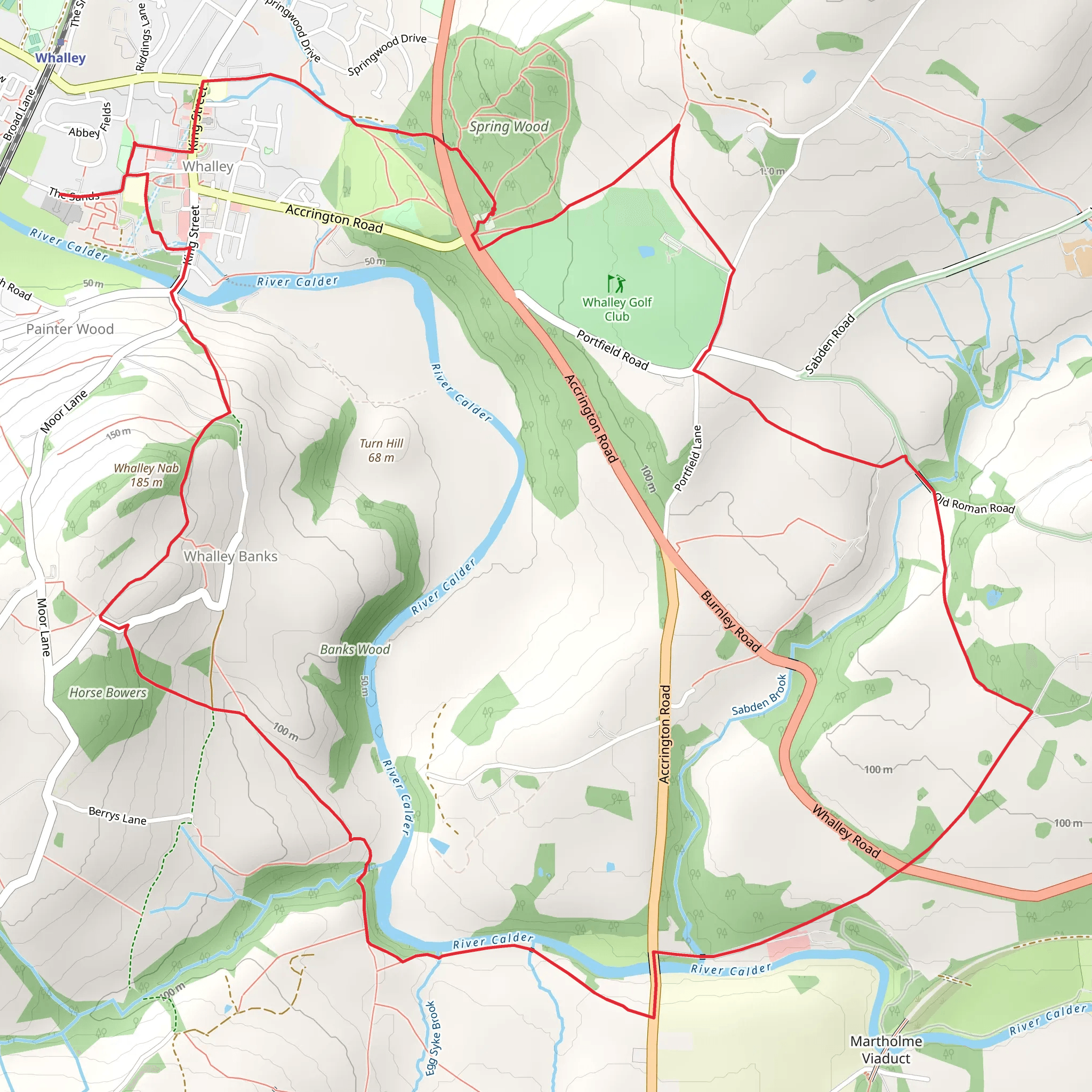 Whalley - Spring Wood - Read Park - River Calder and Whalley Banks mobile static map