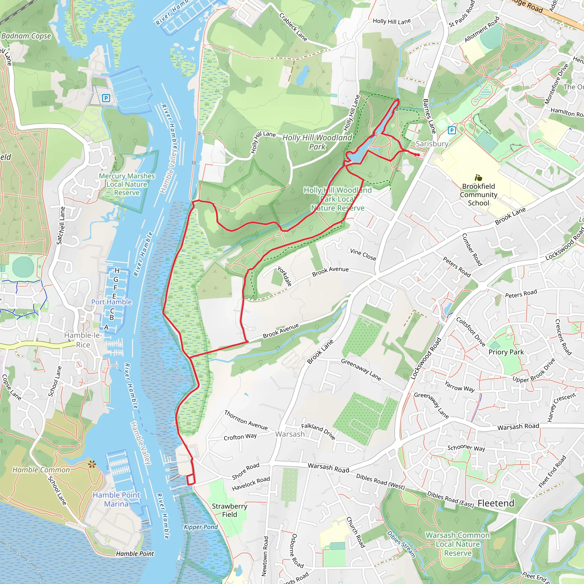 River Hamble and Holly Hill Woodland Park Loop mobile static map