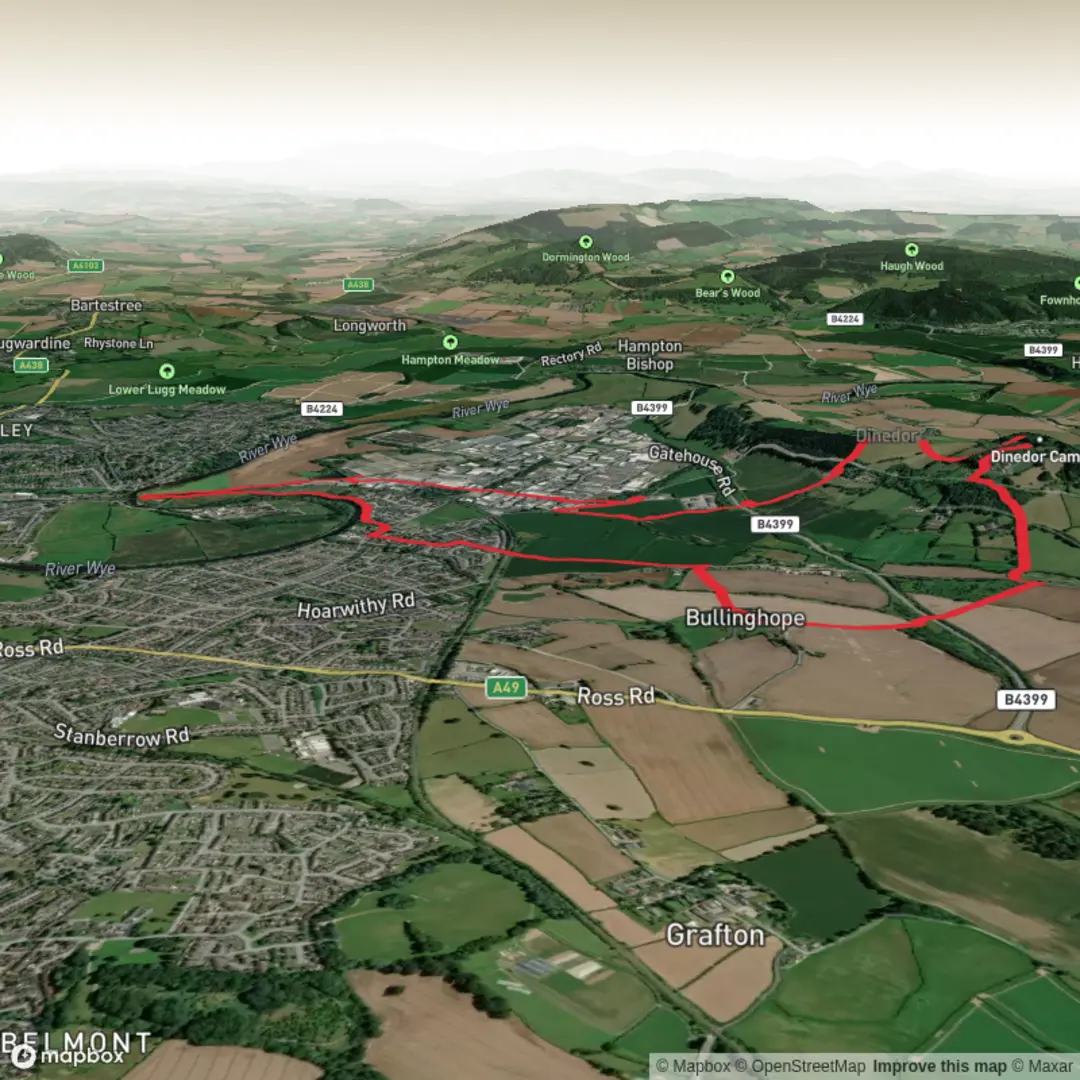 An image depicting the trail Dindor Loop via Bullinghope Church and Canary Bridge and its surrounding area.