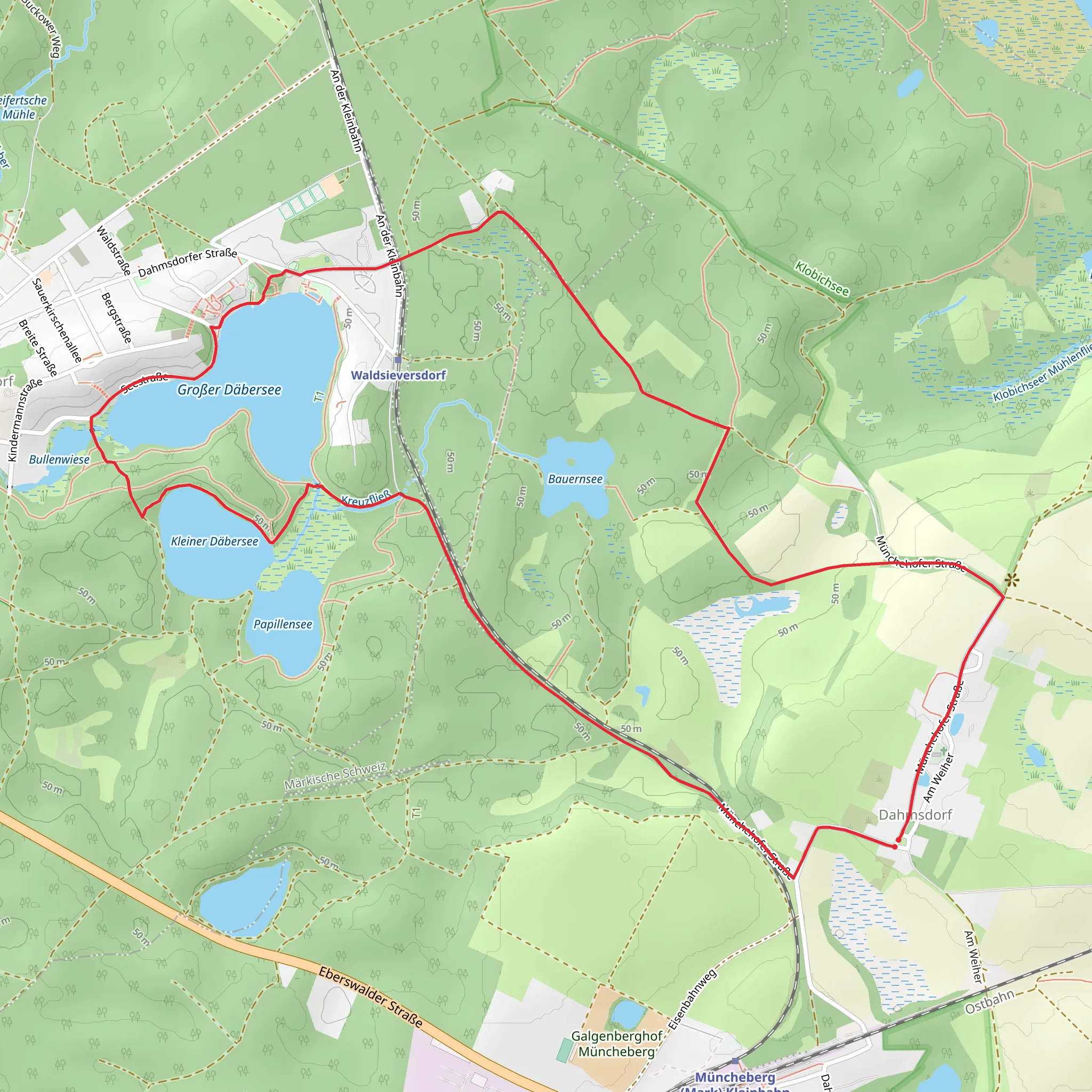 Großer Däbersee, Kleiner Däbersee and Papillensee via Gelber Balken and Roter Balken mobile static map