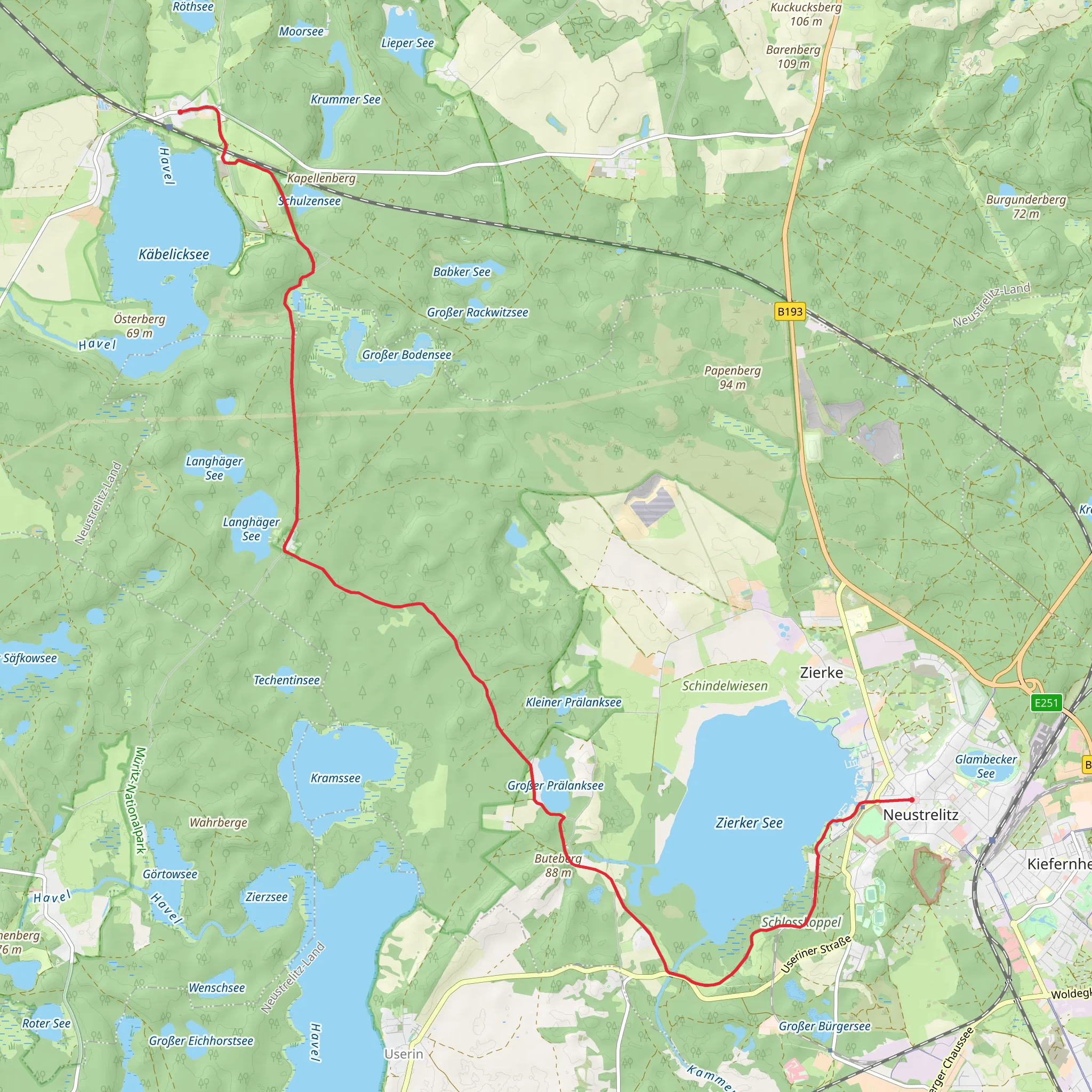 Neustrelitz to Kratzeburg Walk via Zierker See mobile static map