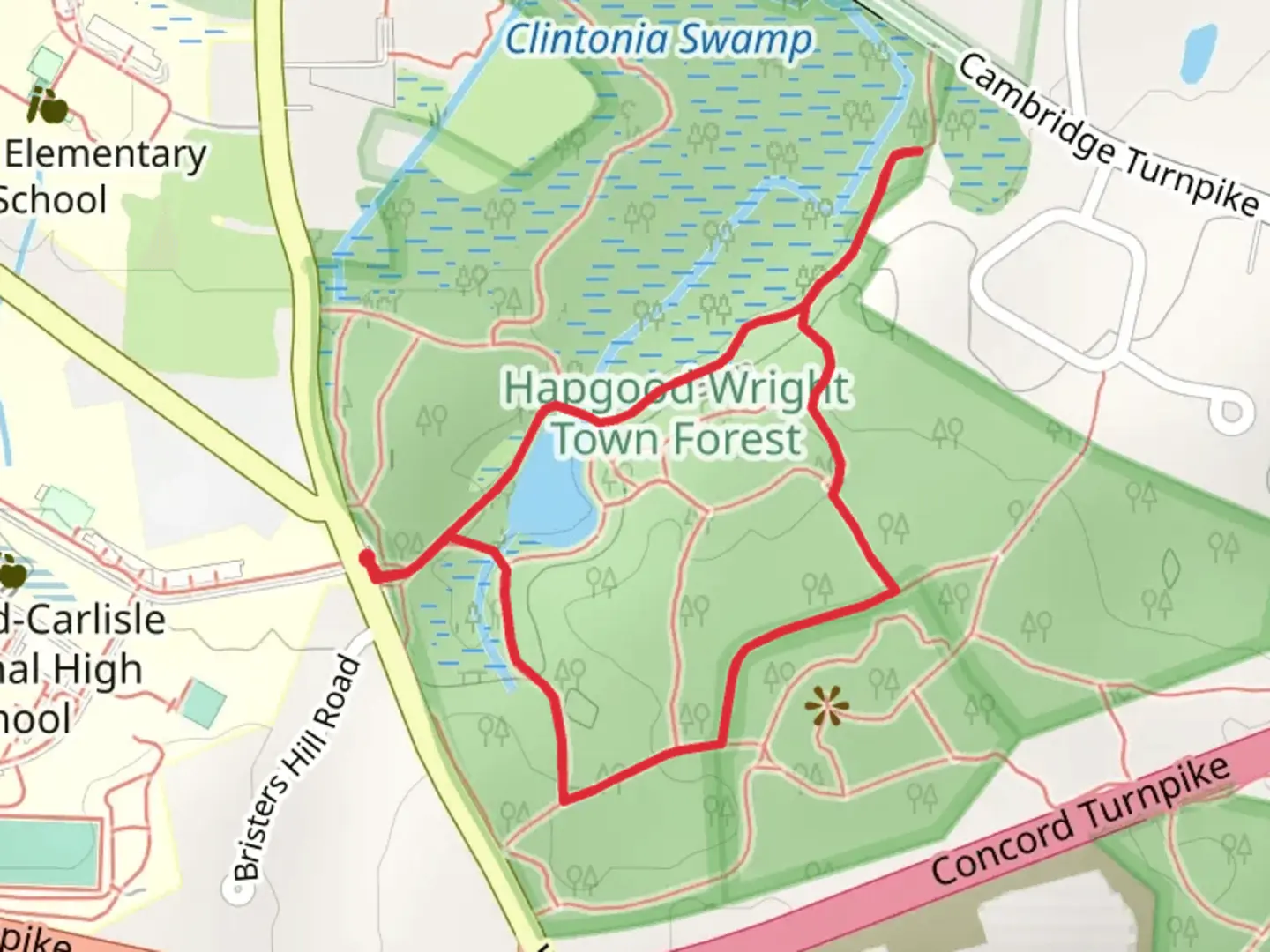 An image depicting the trail Fairyland Pond Loop via Red-Yellow Dot Trail and its surrounding area.