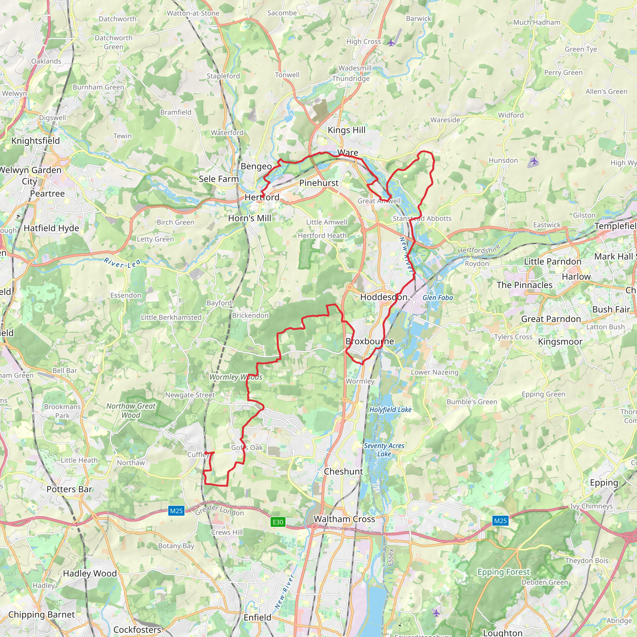 Cuffley to Hertford Walk via Hertfordshire Way mobile static map
