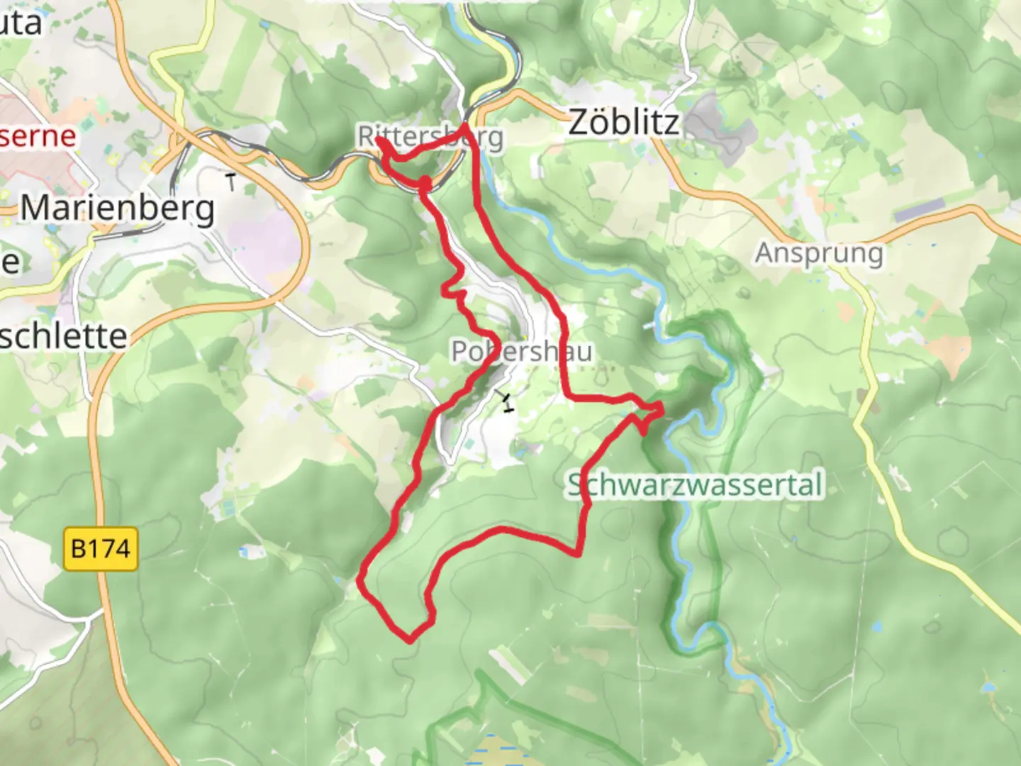 An image depicting the trail Huttengrund and Goldkrone Loop - Pobershau and its surrounding area.