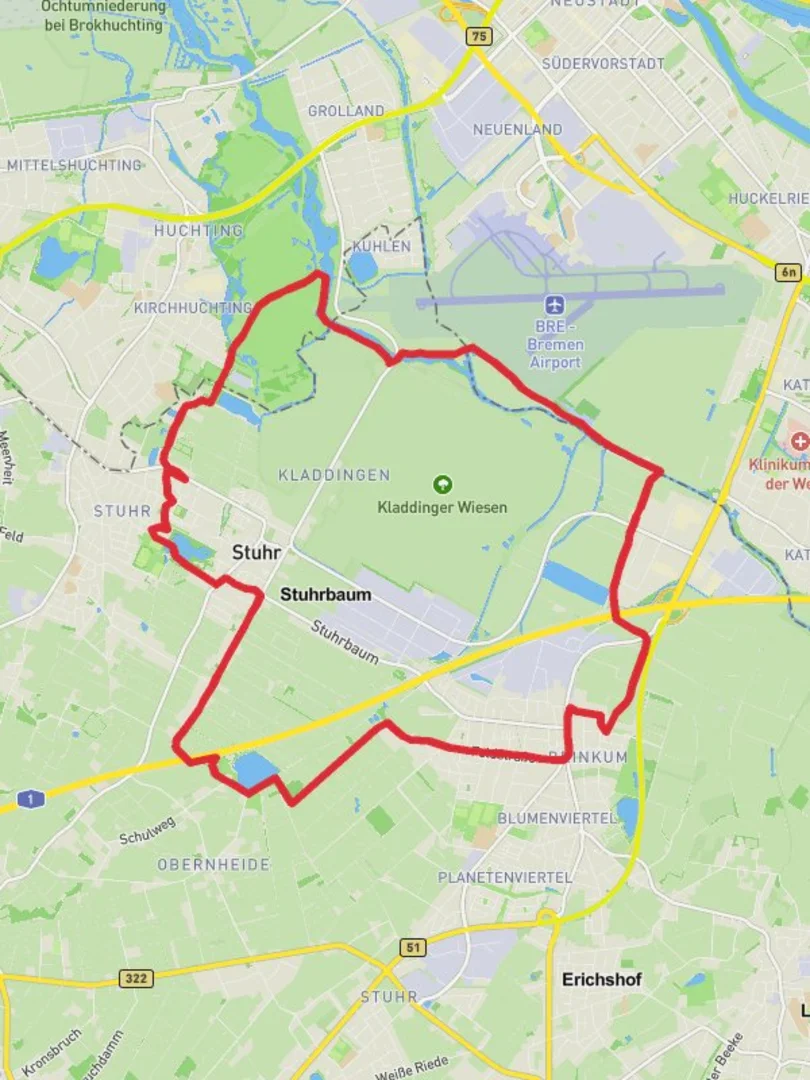 An image depicting the trail NSG Kladdinger Wiesen and Silbersee Loop and its surrounding area.