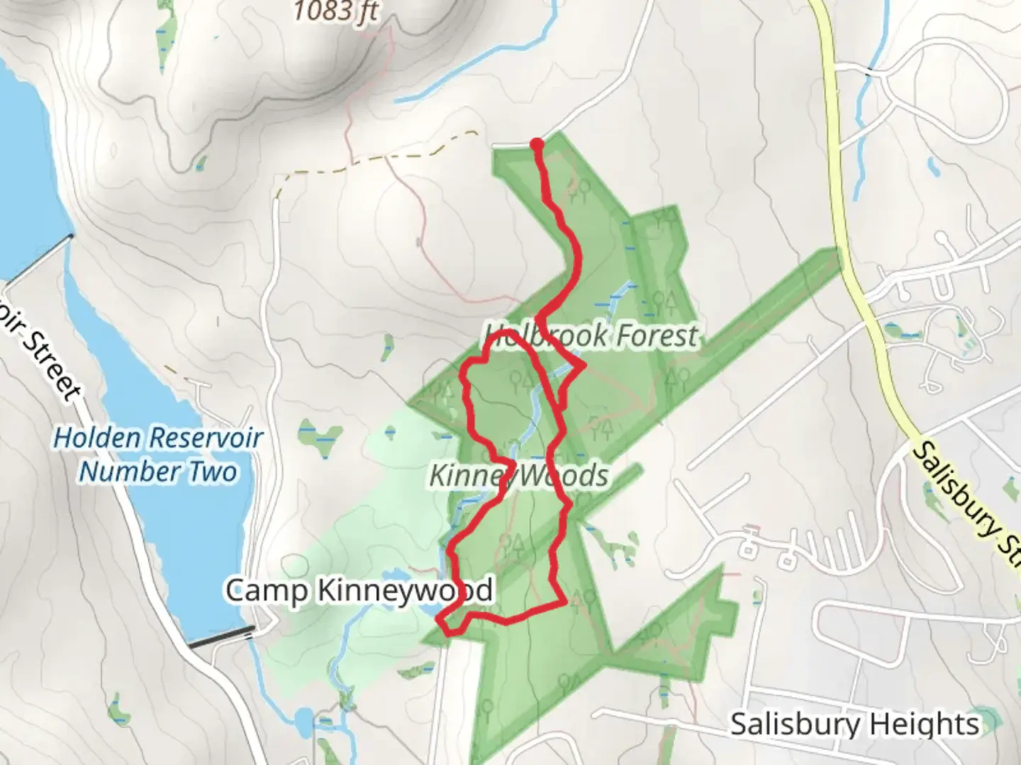 An image depicting the trail Kinney Woods and Holbrook Forest Loop and its surrounding area.