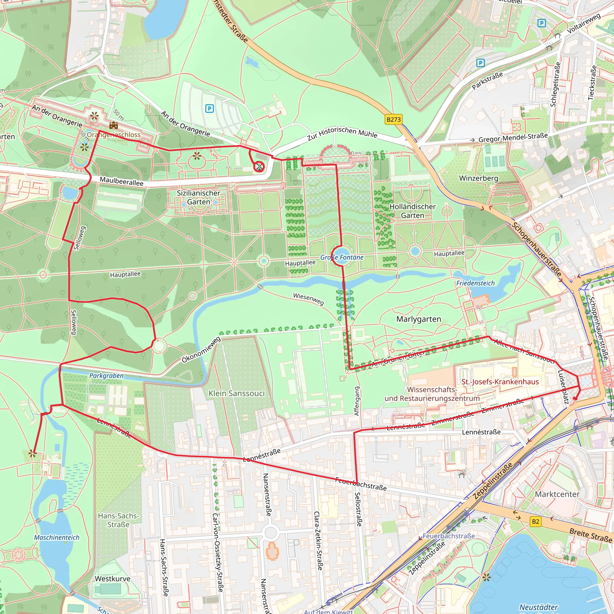 Great Fountain and Sanssouck Park via Stadwanderroute mobile static map